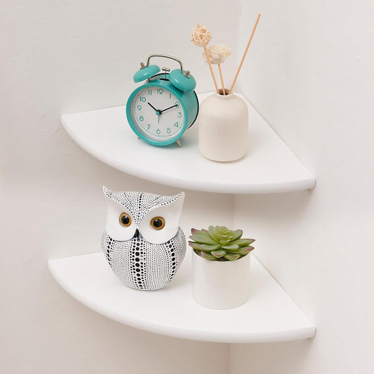 Corner Shelves, Floating Corner Shelf, Set of 2 White Solid Oak Wood Wall Shelves, Round End Wall Mount with Wire Hole Shelving for Small Plant for Bedroom Kitchen, Living Room 8.7"