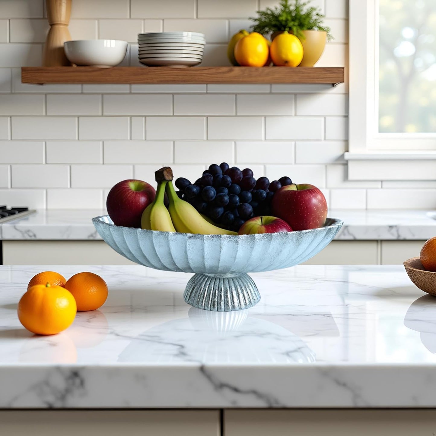 14.5" Large Decorative Long Bowl - Silvery Fluted Scalloped Decorative Bowls for Home Decor - Ruffle Decor,Stylish Key Bowl for Entry Table,Decorative Fruit Bowls for Kitchen Counter ﻿