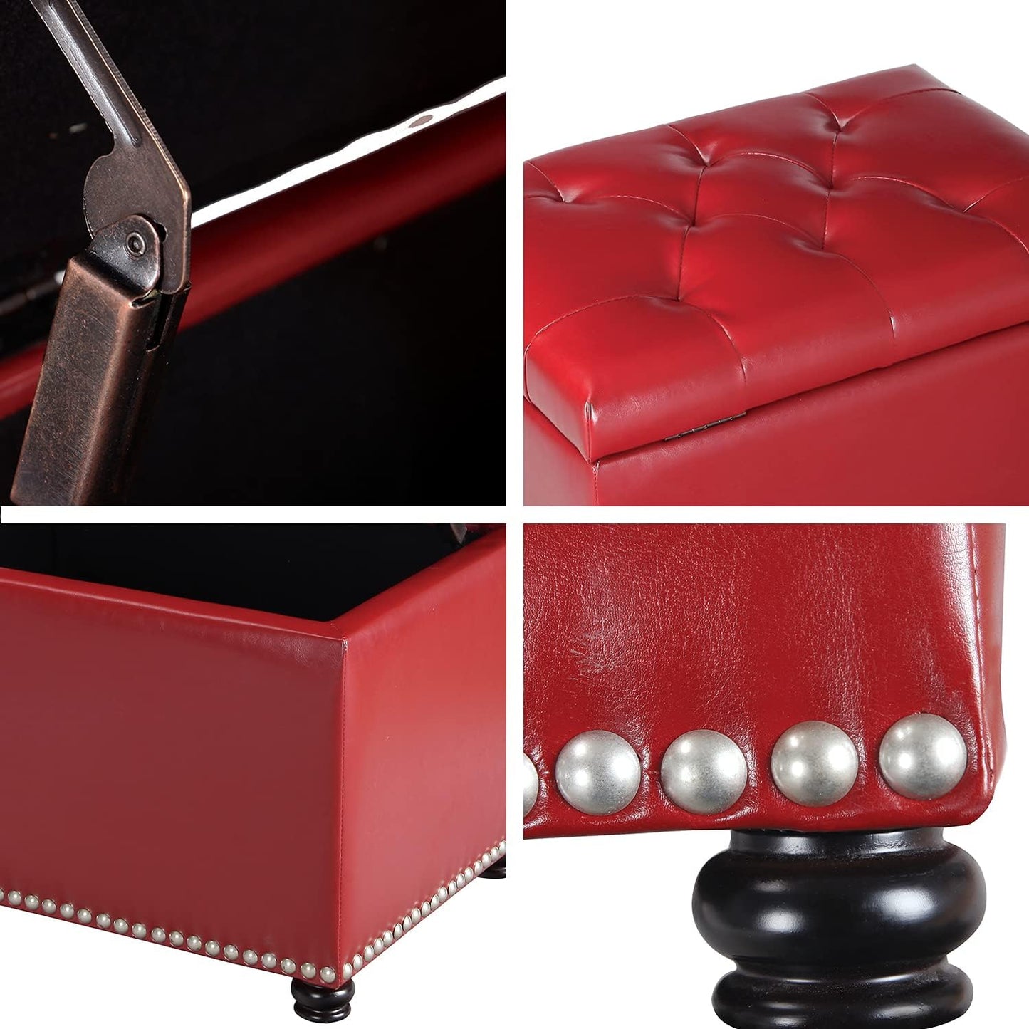 24'' Leather Storage Ottoman Rectangular Foot Rest Stool with Nailhead Trim for Bedroom Living Room(Red)
