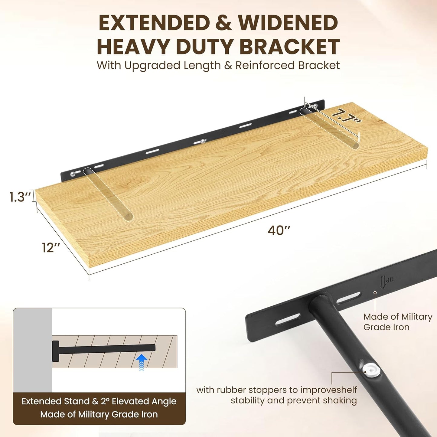 40" Floating Shelves for Wall, 12" Deep Slim Oak Floating Shelves, Wall-Mounted Shelves for Bedroom, Living Room, Kitchen, Bathroom - Set of 2