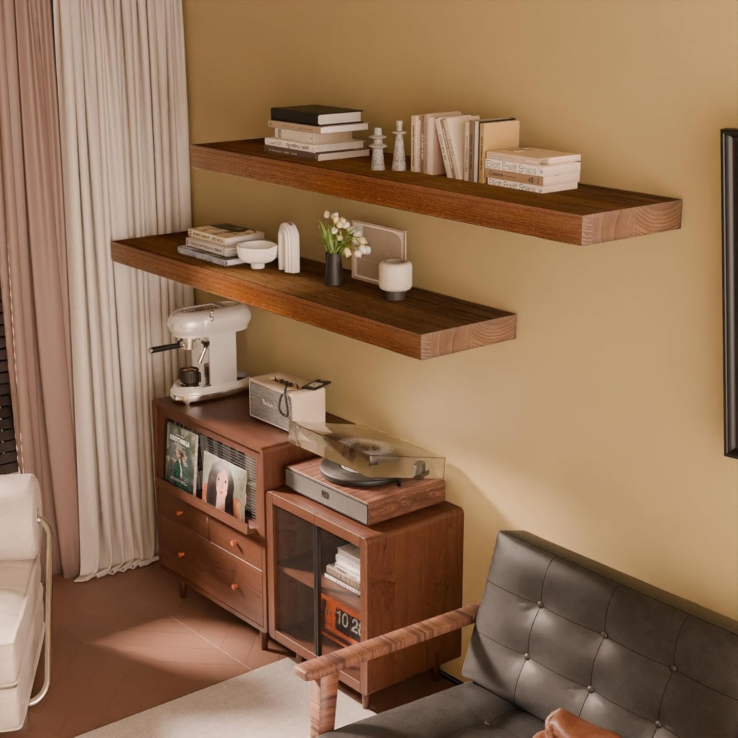 IAE Walnut Floating Wall Shelves 55 inch, Bathroom Shelves Wall Mounted,Invisible Shelves Floating Kitchen Shelves,Wooden Wall Shelves with Brackets for Living Room Wall Mounted,Easy Install,Set of 2