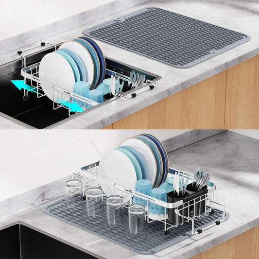 GSlife Expandable in Sink Dish Drying Rack Small with Silicone Mat - Stainless Steel Capacity Adjustable Over The Sink Dish Rack with Utensil Holder for Counter or Inside Sink (12.4" -16.8"), Silver