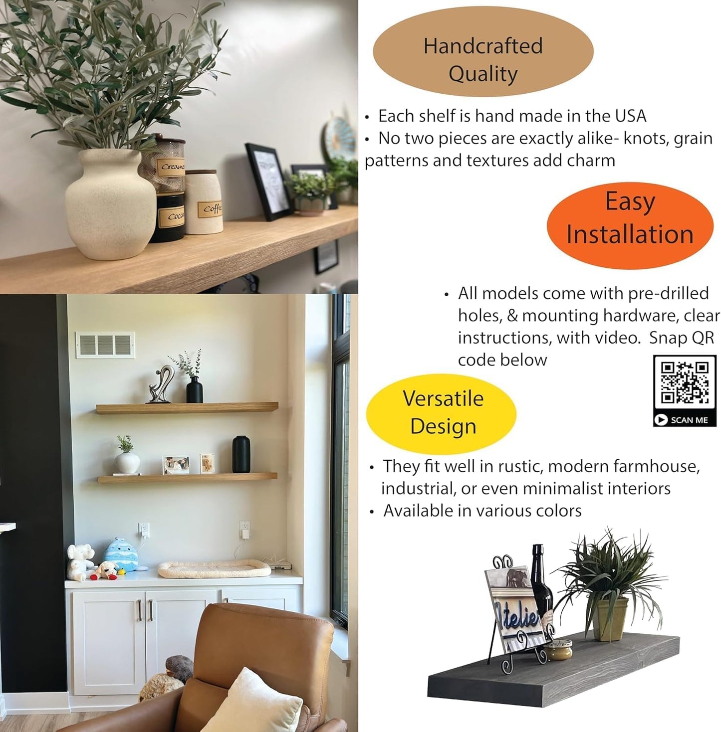 Joel's Antiques 42 Inch Floating Shelves for Wall - 42x6x2 in - Unfinished Wood Shelf Design, Wooden Wall Shelves for Bedroom, Bathroom, Kitchen and Living Room - Display and Store Your Décor at Home