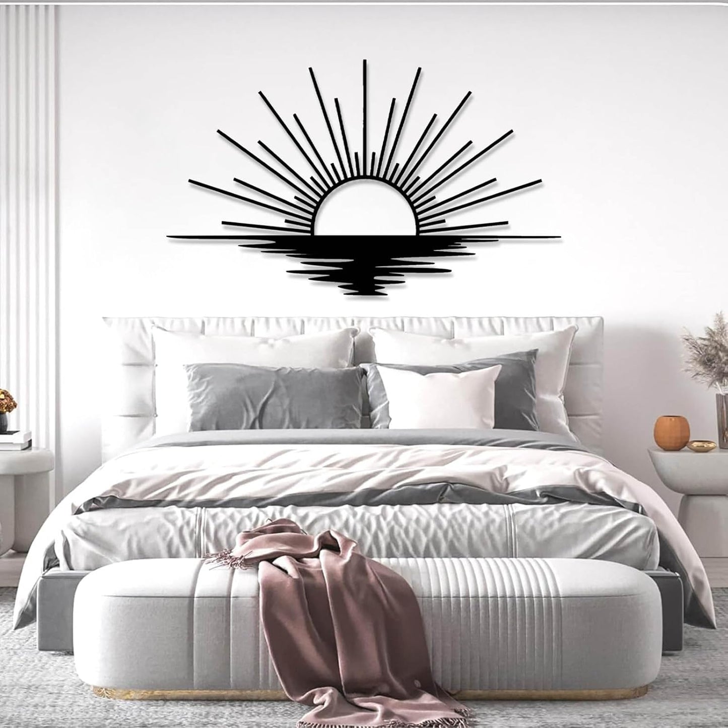 Sunrise Metal Wall Art, Metal Sun Wall Decor, Sun Outdoor Wall Art, Abstract Sunrise Wall Decor, Boho Home Hanging, Living Room Wall Hanging (Black, 59"x35"/150x90cm)