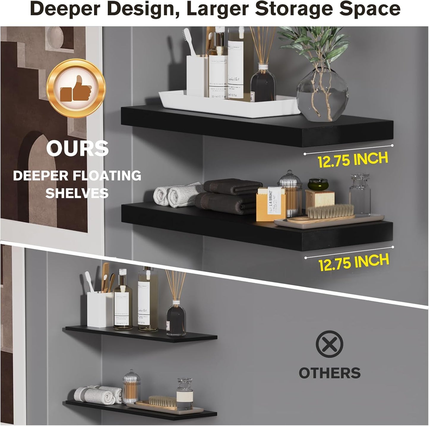 Large Floating Shelves for Wall Set of 2 Wooden Wall Shelves 30 in x 12.75 in x 2 inRoom Decor Long Shelf with Invisible Wall Mount Bracket for Bedroom Kitchen Living Room Black