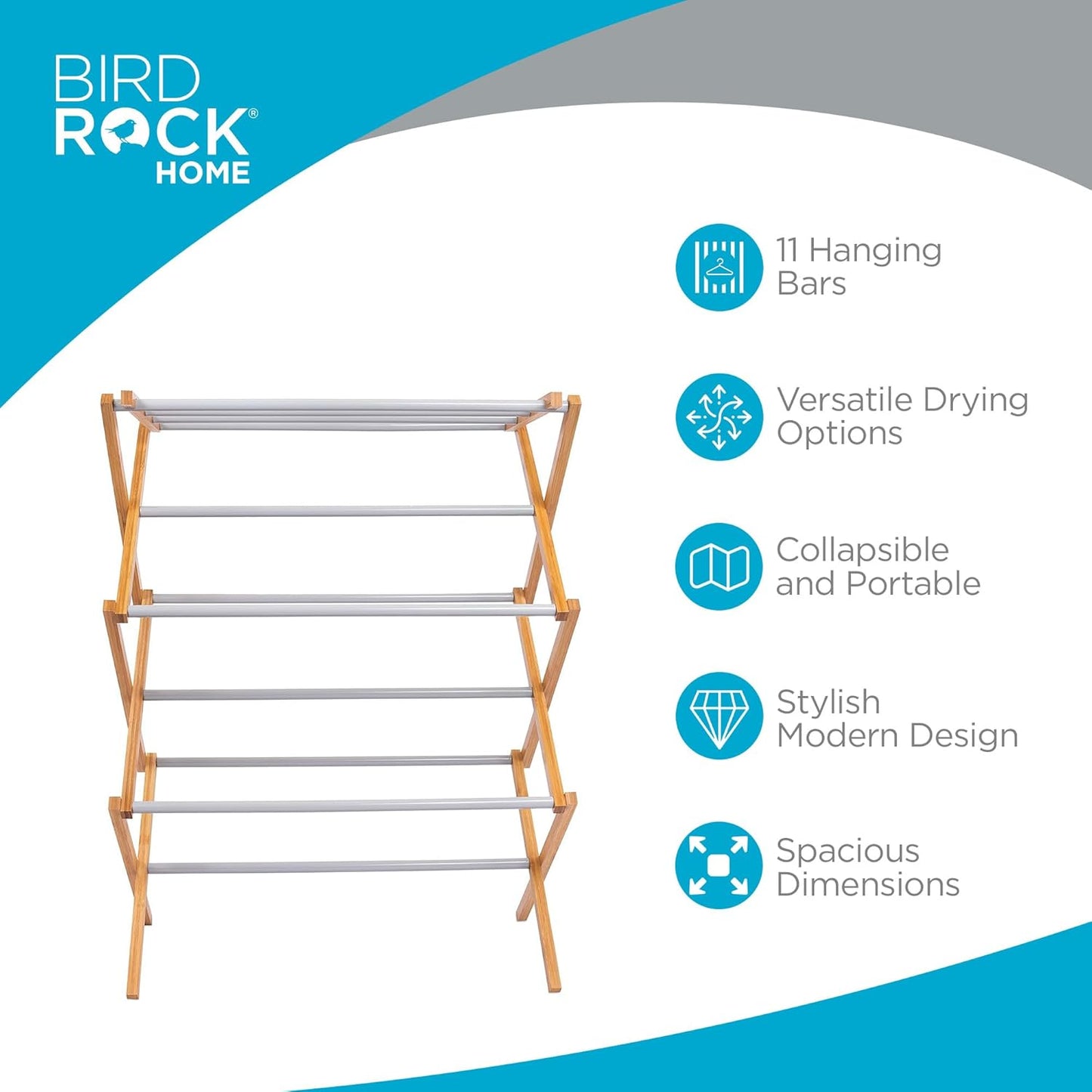 BirdRock Home Wooden Clothes Drying Rack | 3-Tier Foldable Bamboo Laundry Stand | Water-Resistant, Fully Assembled, Collapsible Indoor/Outdoor Dryer for Hanging Clothes | Grey