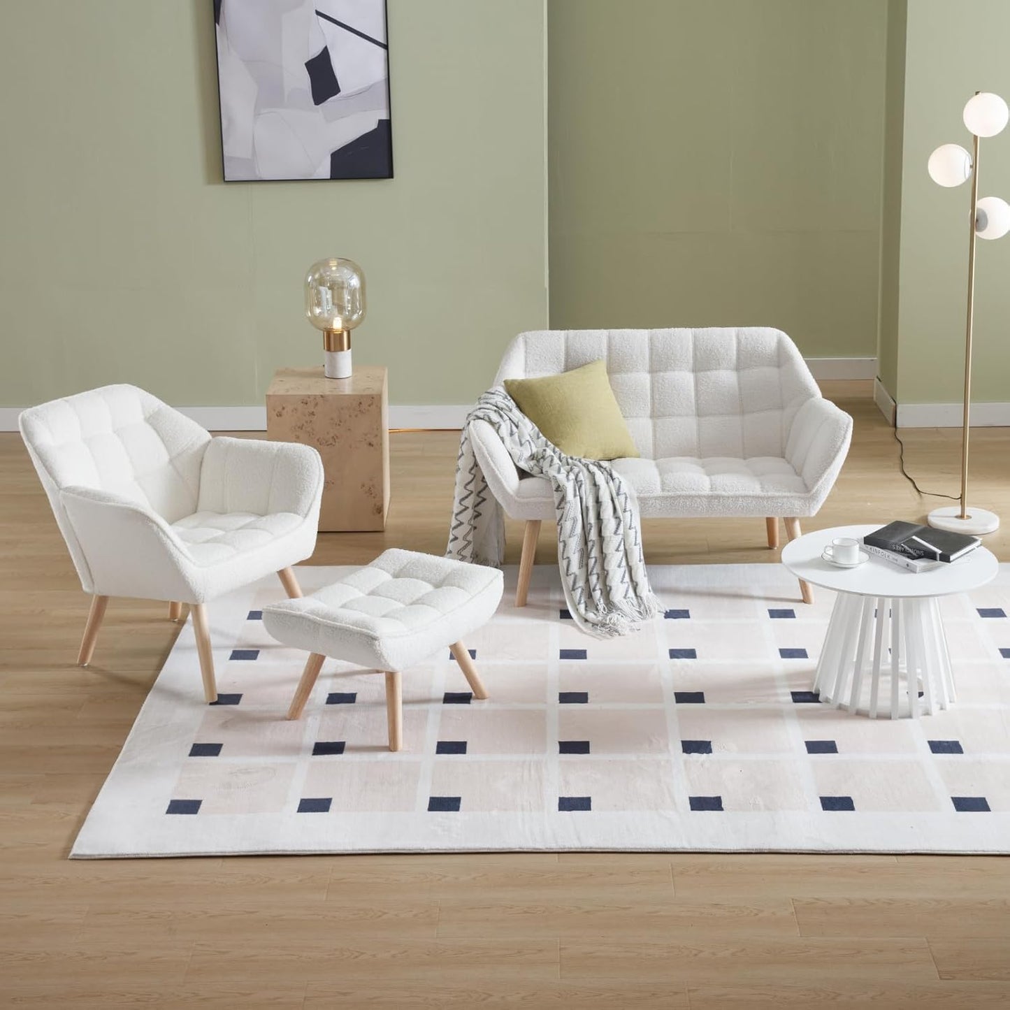 48" Small Loveseat Sofa, Modern Sherpa Mini Sofa Couch 2-Seater Fluffy Love Seat with Quilting Backs and Wood Legs for Living Room, Bedroom and Small Space, White