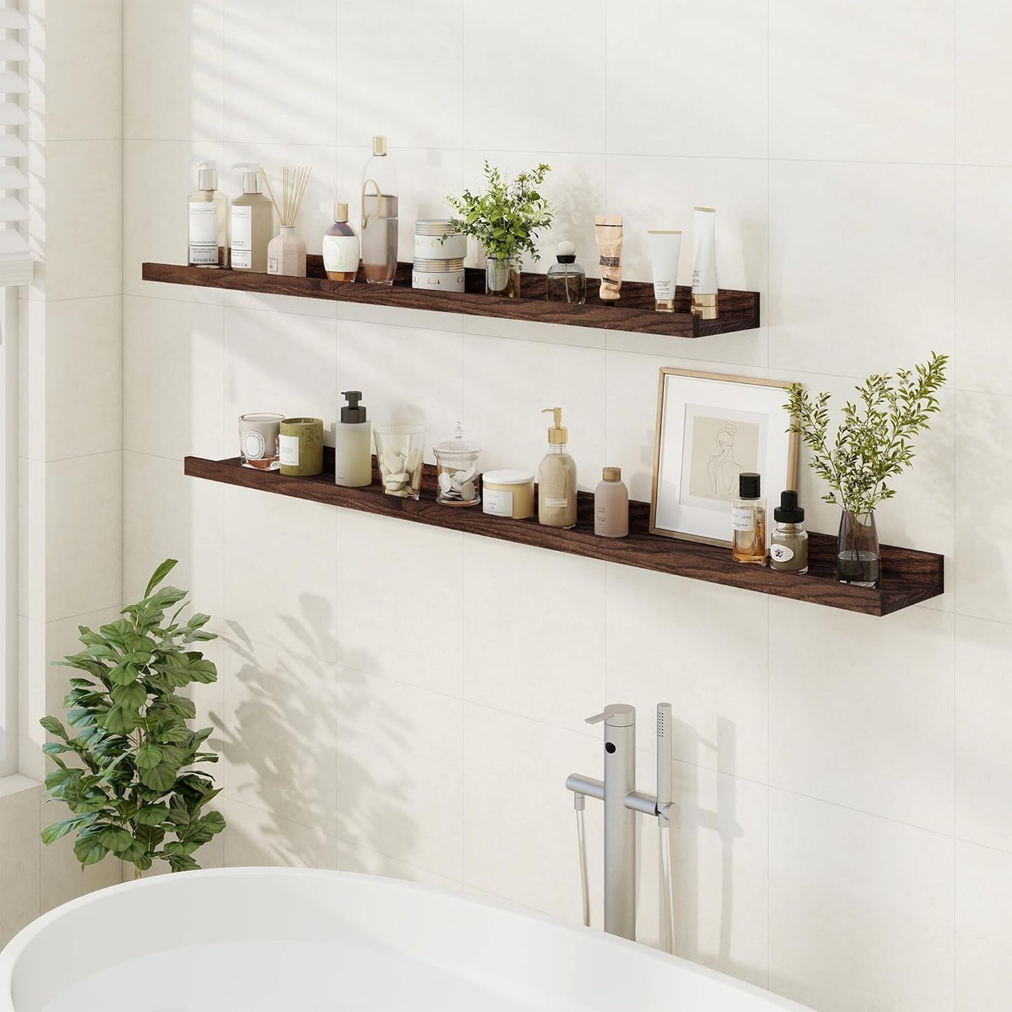 Floating Picture Ledge Shelves 55 Inch Solid Oak Wood Set of 2, Rustic Wall Storage Shelves with Lip, Kids Bookshelf, Photo & Picture Ledge Shelves for Bedroom, Living Room, Kitchen