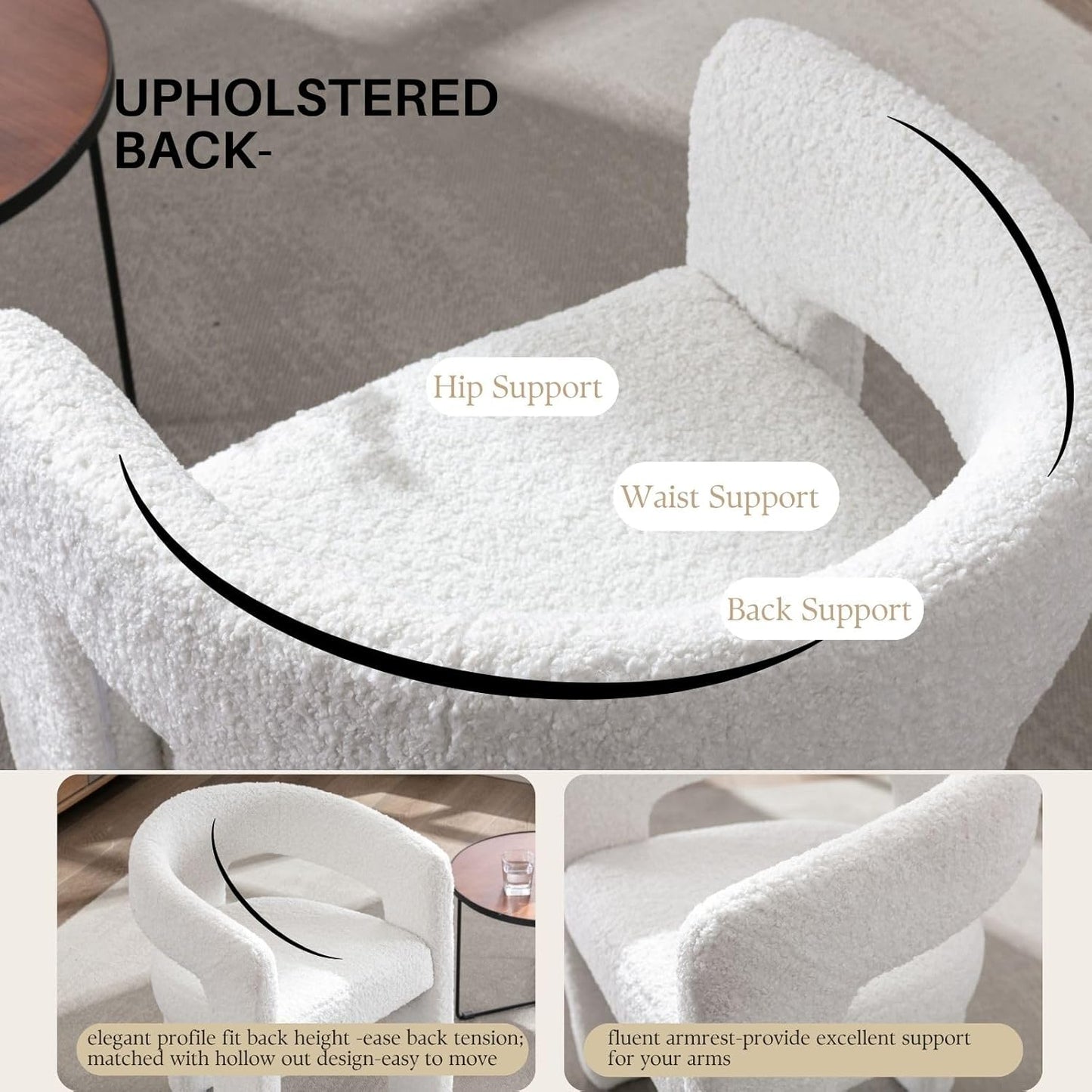 White Boucle Dining Chairs Set of 2, Modern Barrel Dining Room Chairs Upholstered Faux Fur Accent Chair with Arms and Round Back for Living Room Kitchen Armchair No Assembly Needed