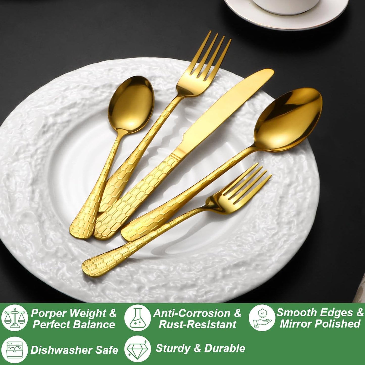 20 Pcs Gold Silverware Set for 4 with Water Cube Handle design, Food Grade Stainless Steel Flatware Set, Eating Utensils Sets Include Fork/Knife/Spoon, Reusable Cutlery Set, Dishwasher Safe