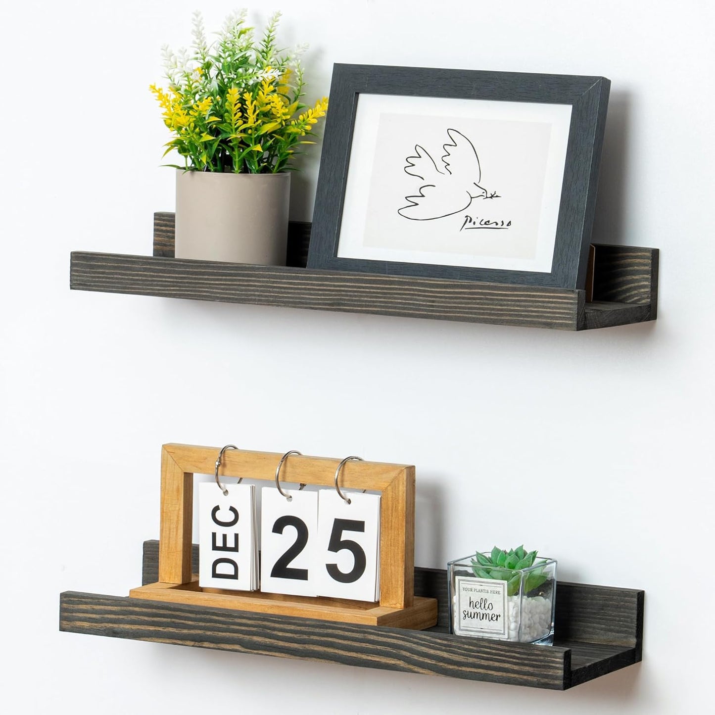 Picture Ledge Wall Shelves 16 inch Width Set of 2, Solid Pine Wood Rustic Floating Ledge Shelves for Wall for Kids' Room Bedroom Kitchen Bathroom Living Room Nursery Display Wall Decor, Grey