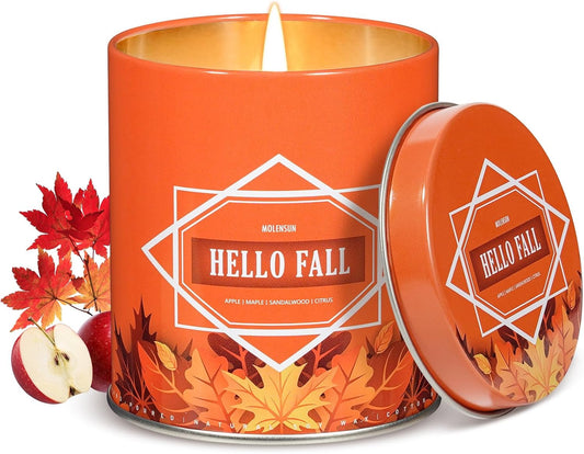 Hello Fall Scented Candle – 9 oz Soy Wax in Travel-Friendly Reusable Tin, Non-Toxic & Clean Burning, 50-Hour Burn – Cozy Autumn Fragrance, Holiday Gift & Fall Decor for Women & Men