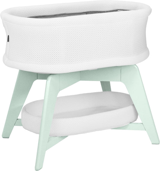 Evi Smart Baby Bassinet Beside Sleeper with Auto-Glide, Ambient Nightlight & Sensory Sounds, Compatible with Alexa and Google Home, Includes 2 Sheets (White w/Mint Green Base)