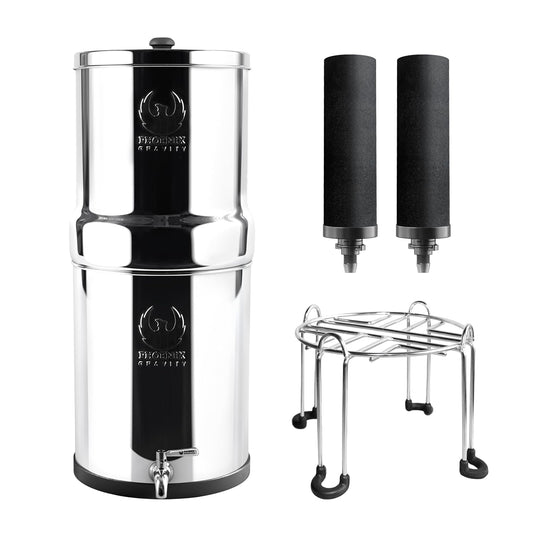 Gravity Water Filter System - 1.5 Gallons NSF Certified AISI 304 Stainless Steel Water Filter with 2 Smart (Black) Carbon Filter Elements & Free Stainless Steel Stand and Spigot (1.5G)
