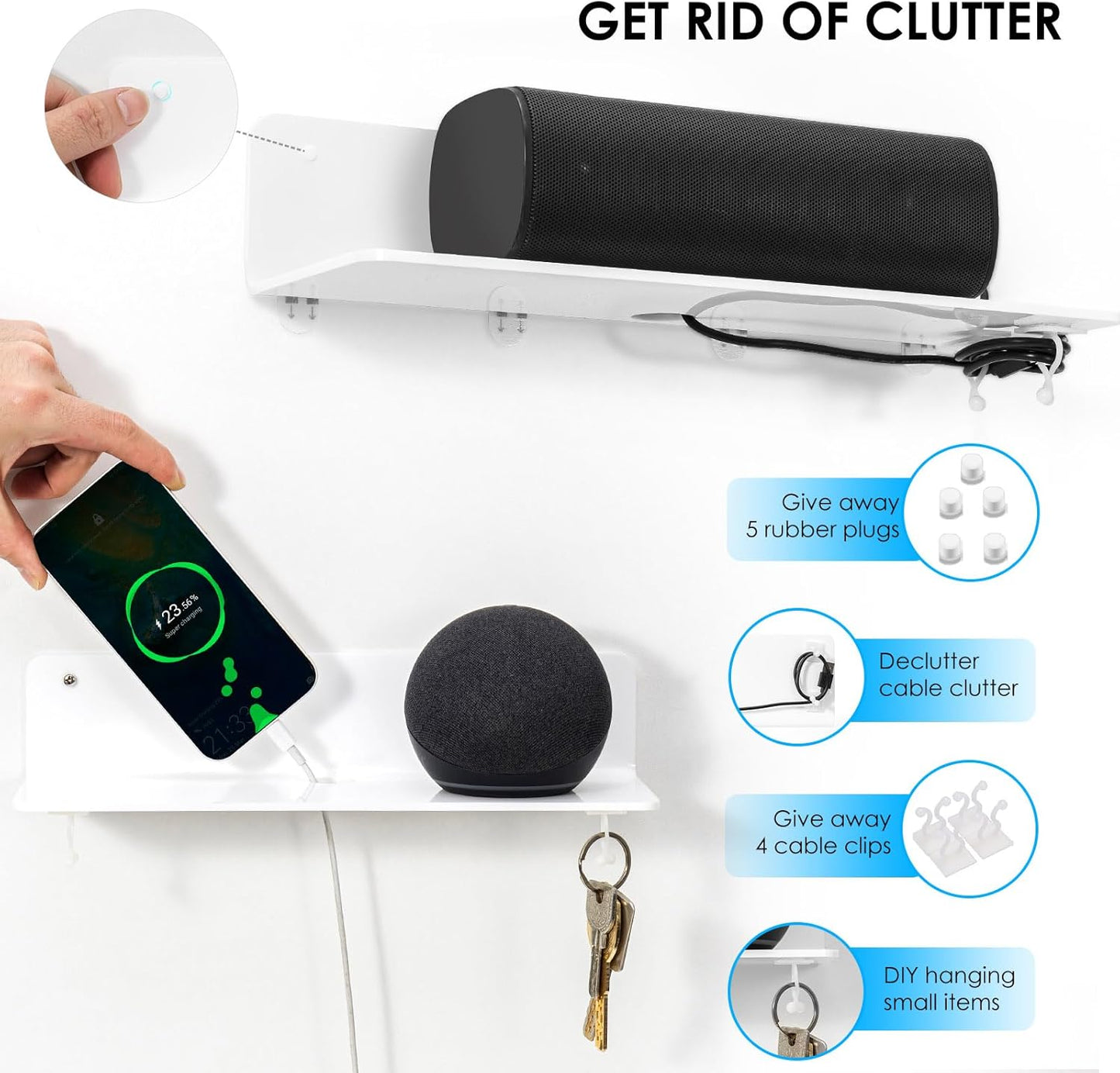 OAPRIRE White Acrylic Floating Shelves Set of 2 - Damage Free Expand Wall Space - 12 Inch Wall Shelves with Strong Adhesive for Bathroom, Bedroom, etc