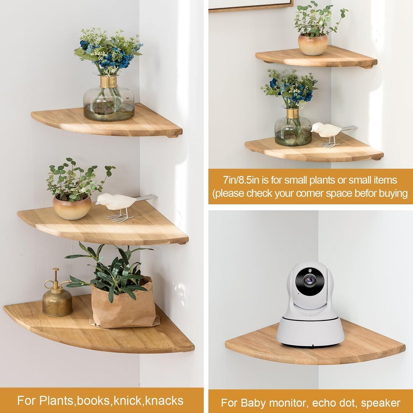 Corner Shelf, Solid Oak Wood Floating Corner Shelf Wall Mount Round End Floating Speaker with Wire Hole for Small Plant Photo for Bedroom Kitchen, Living Room