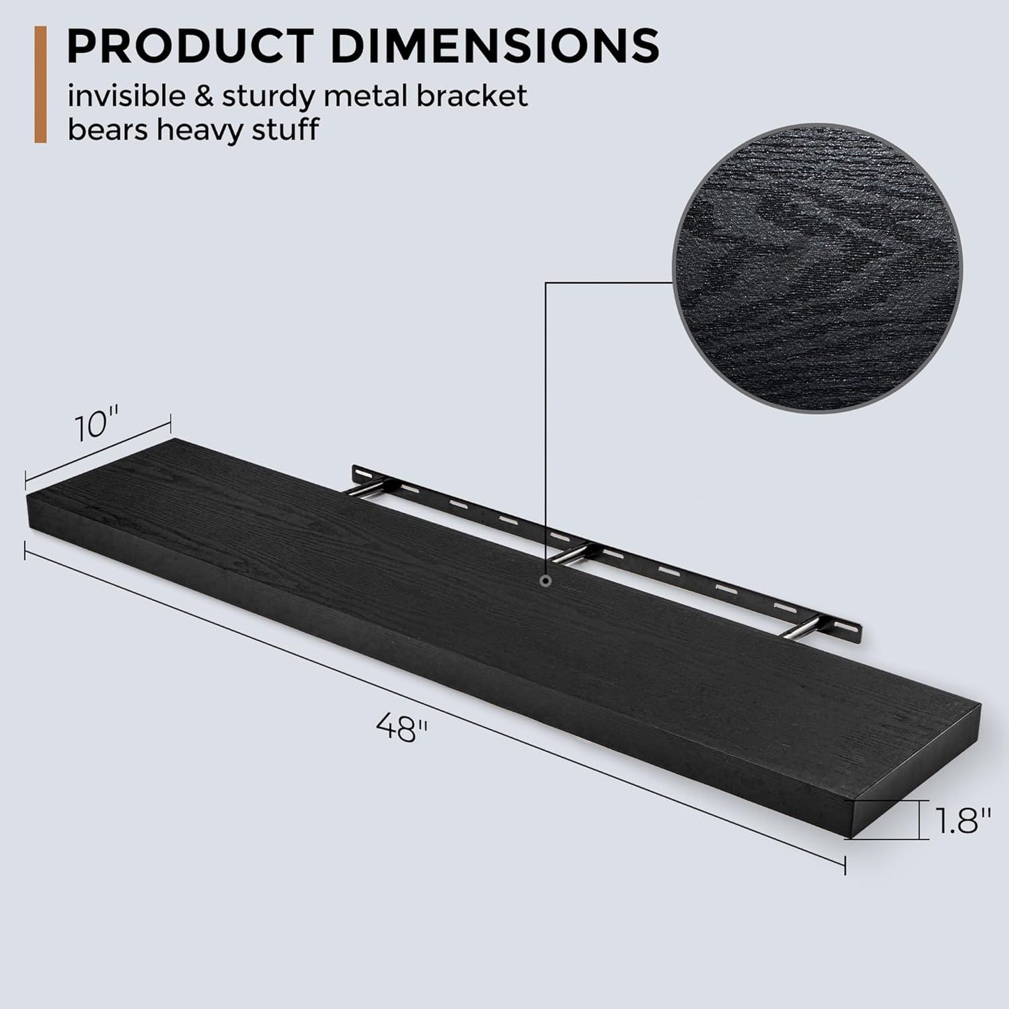 Floating Shelves - 10.3 Inch Deep Wall Shelf for Decor & Storage - Wall Mounted Display Shelving with Invisible Heavy-Duty Metal Bracket - 48" W x 10.3" D x 1.8" H - Set of 1 - Rustic Black