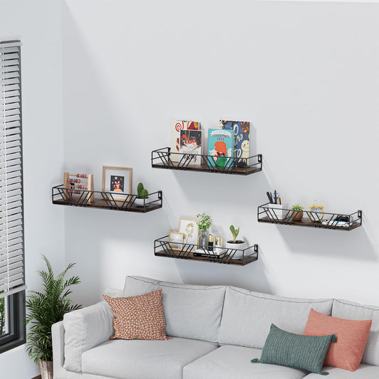 Floating Shelves for Wall Set of 4, Different Sizes Mounted Wood Floating Shelf, Wall Shelves for Living Room, Bedroom, Bathroom, Kitchen, Farmhouse Decor, Office