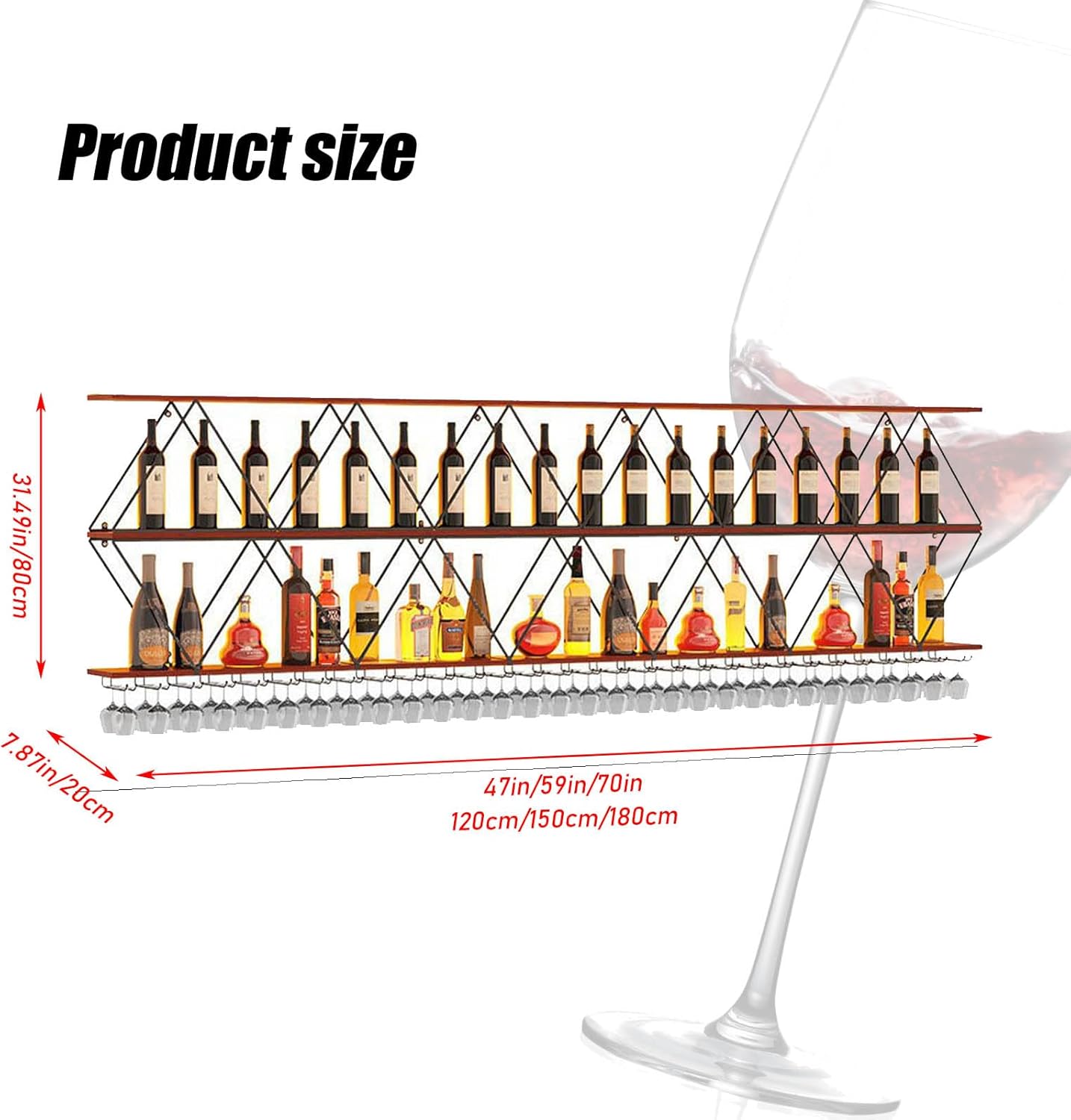 118in Wine Rack Wall Mount with Glass Holder, DIY Floating Wine Rack, Multi-Function Bar Wine Bottle Display Rack for Commercial Restaurants, Tea Rooms, Bars, Wine Cellars (black, 118in/300cm)