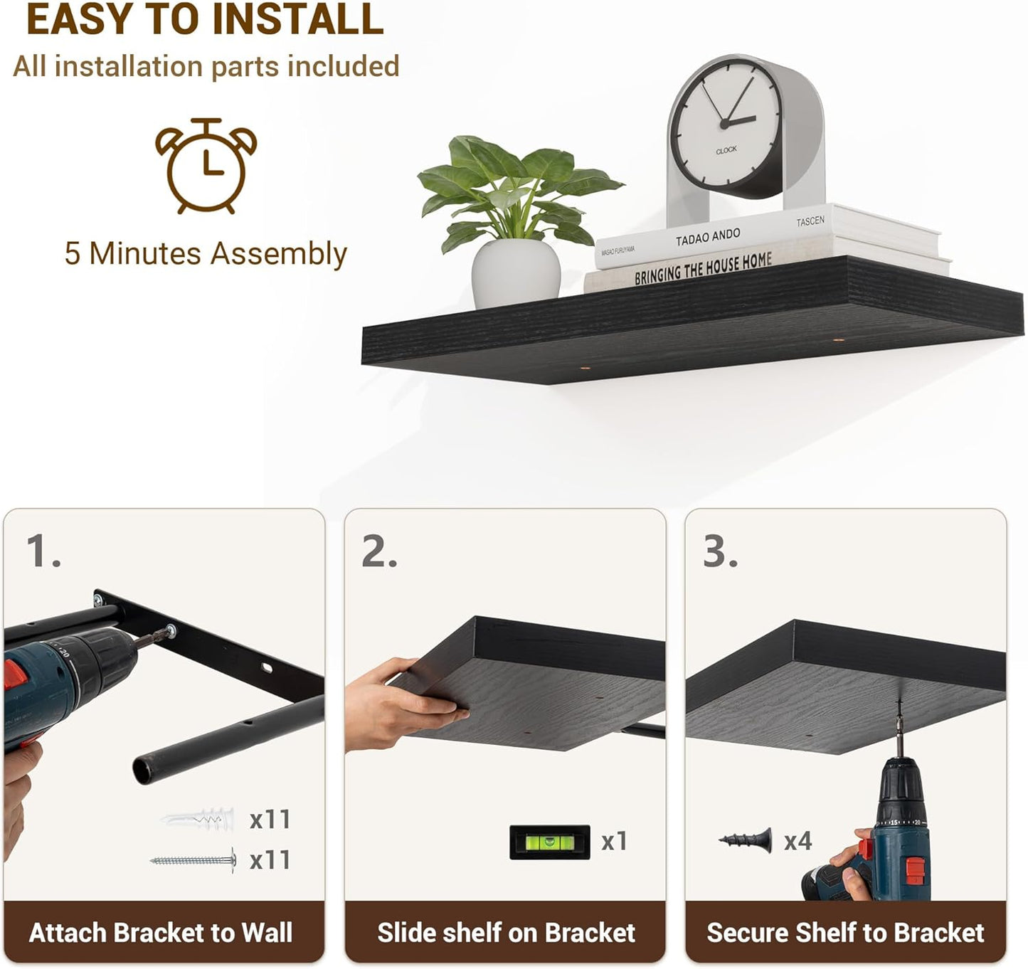 16 Inch Floating Shelves, 16"x9.25"x1.5" Inch Deep Floating Shelves for Wall, Wooden Shelves for Bathroom, Bedroom, Living Room, Black