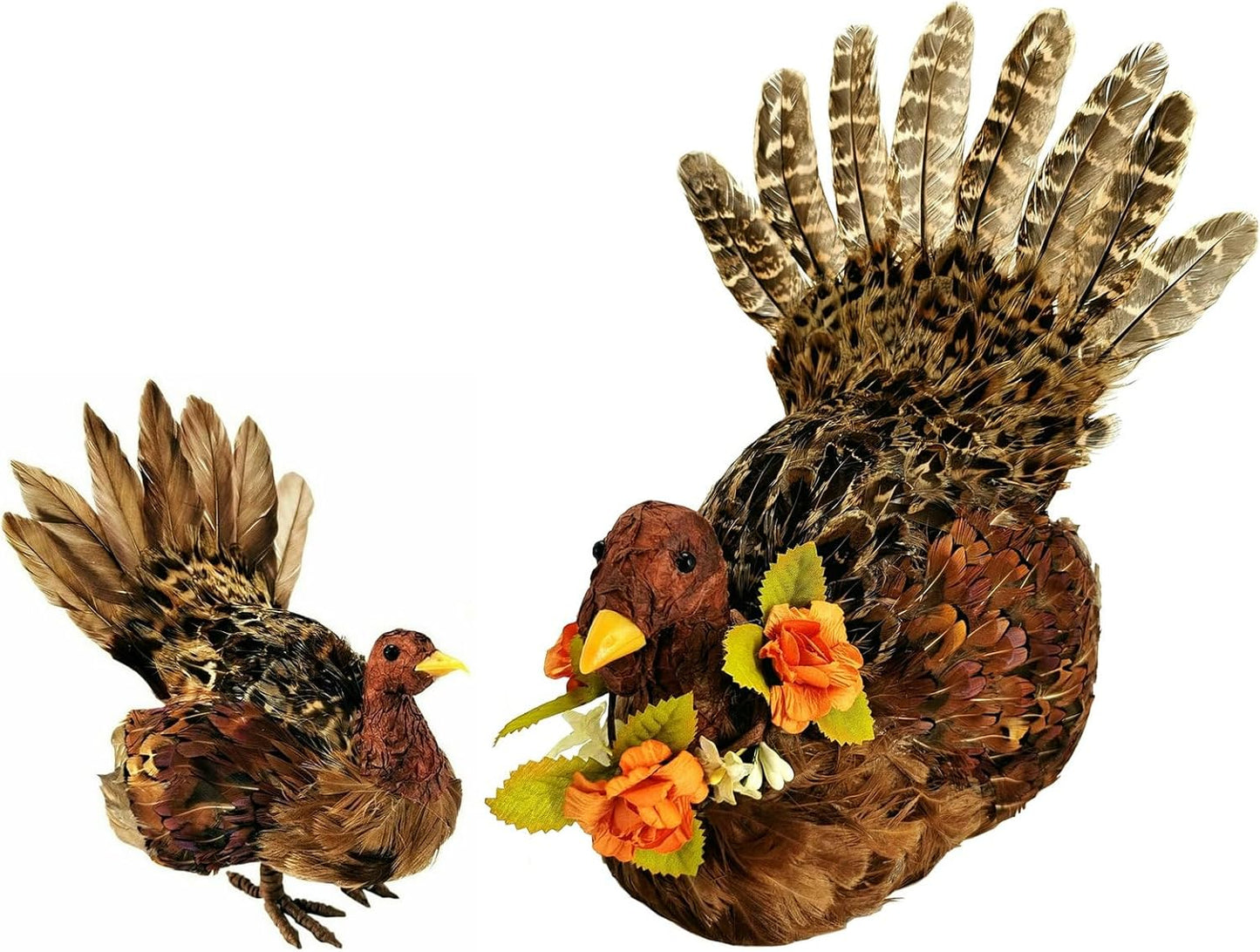 naturevibe 10/6.5 Inches Feathered Turkey Decorations Set of 2,Realistic Mom n Baby Turkey Figurines with Real Feathers for Thanksgiving Decorations,Decorative Farm Animals as Fall Decor for Home
