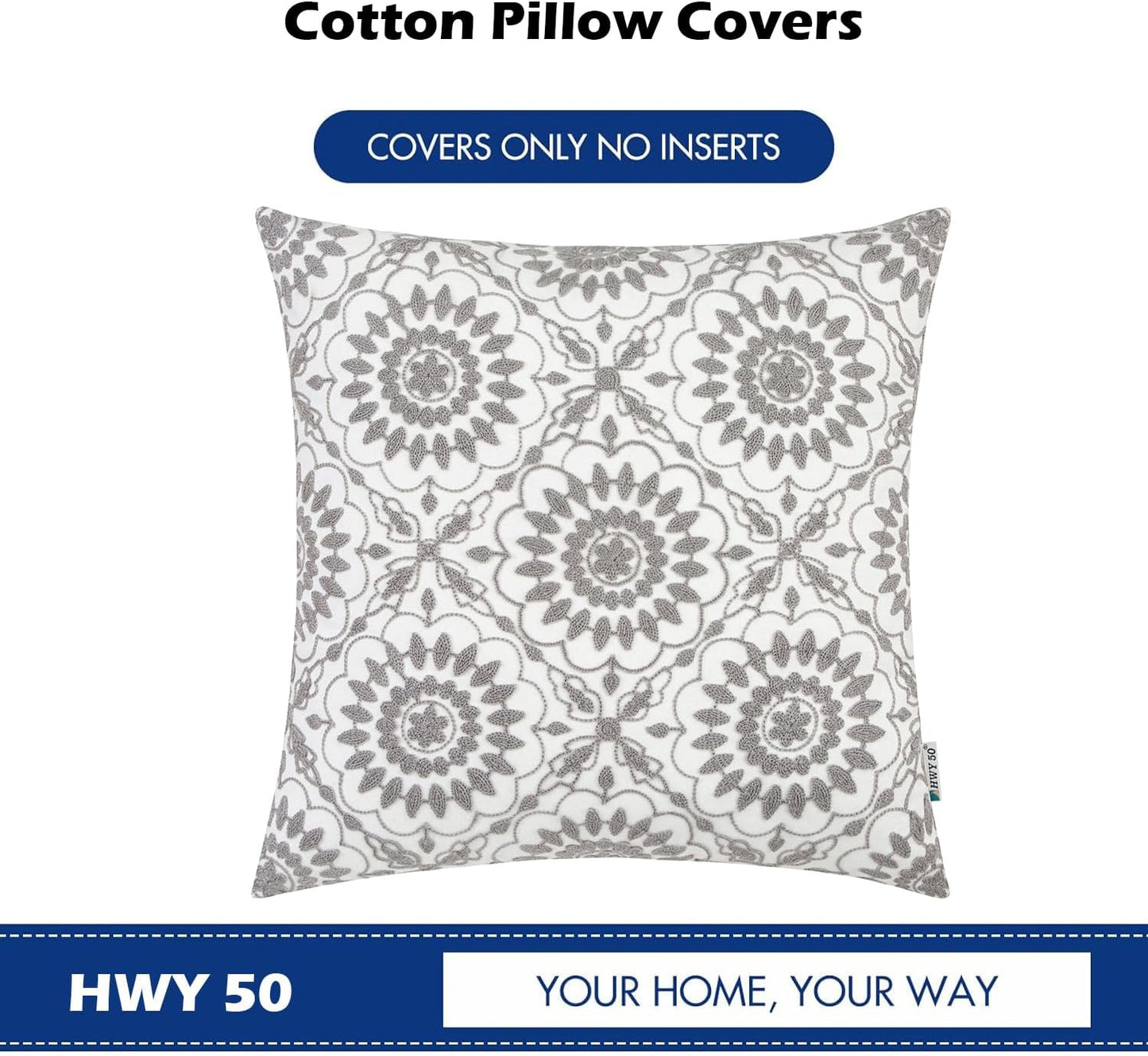 HWY 50 Gray Grey Decorative Throw Pillow Covers 18x18 Inch (1 Piece), Embroidered Cotton Farmhouse Cushion Cover Pillow Case for Sofa Couch Living Room Bed, Little Sunflower