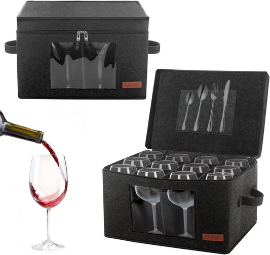 2 Pack Wine Glass Storage Box with Dividers, Stemware Storage Containers for Packing and Moving, China Storage Containers Box for 12 Crystal Glassware, Wine Glasses, Drinkware,Dark Gray