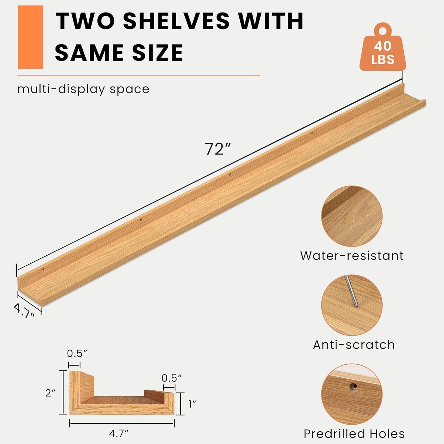 Heimlove Picture Ledge Shelf, Floating Shelves Set of 2, 72 Inches Long Large Picture Shelf for Wall with Ledge, Kids Bookshelf Wall Mounted for Living Room Bedroom Decor Books Photo Frames, Oak