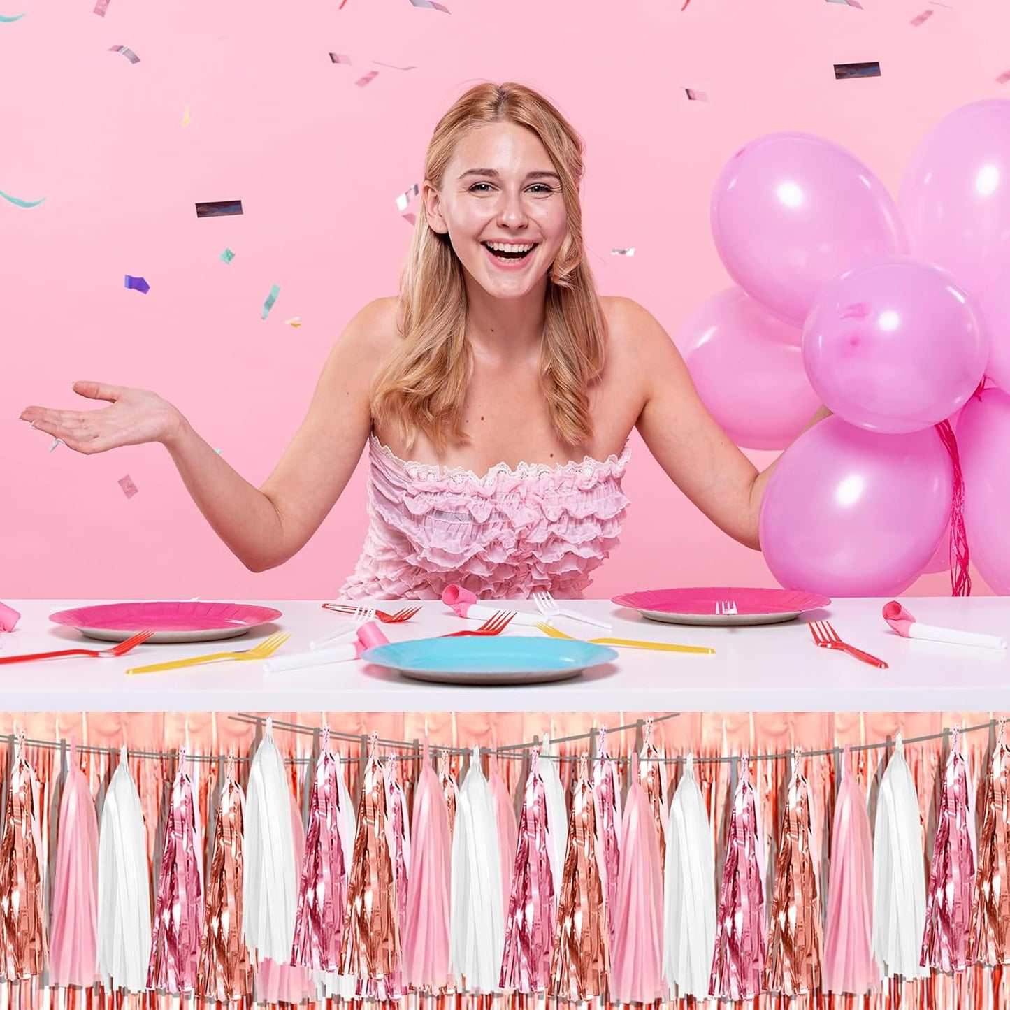 3P Pink White Peach Rose Gold Tassels Foil Fringe Metallic Garland Banner, Tassels Banner Streamers for Parade Floats, Bachelorette, Wedding, Birthday, Christmas, Bridal/Baby Shower Party Decorations