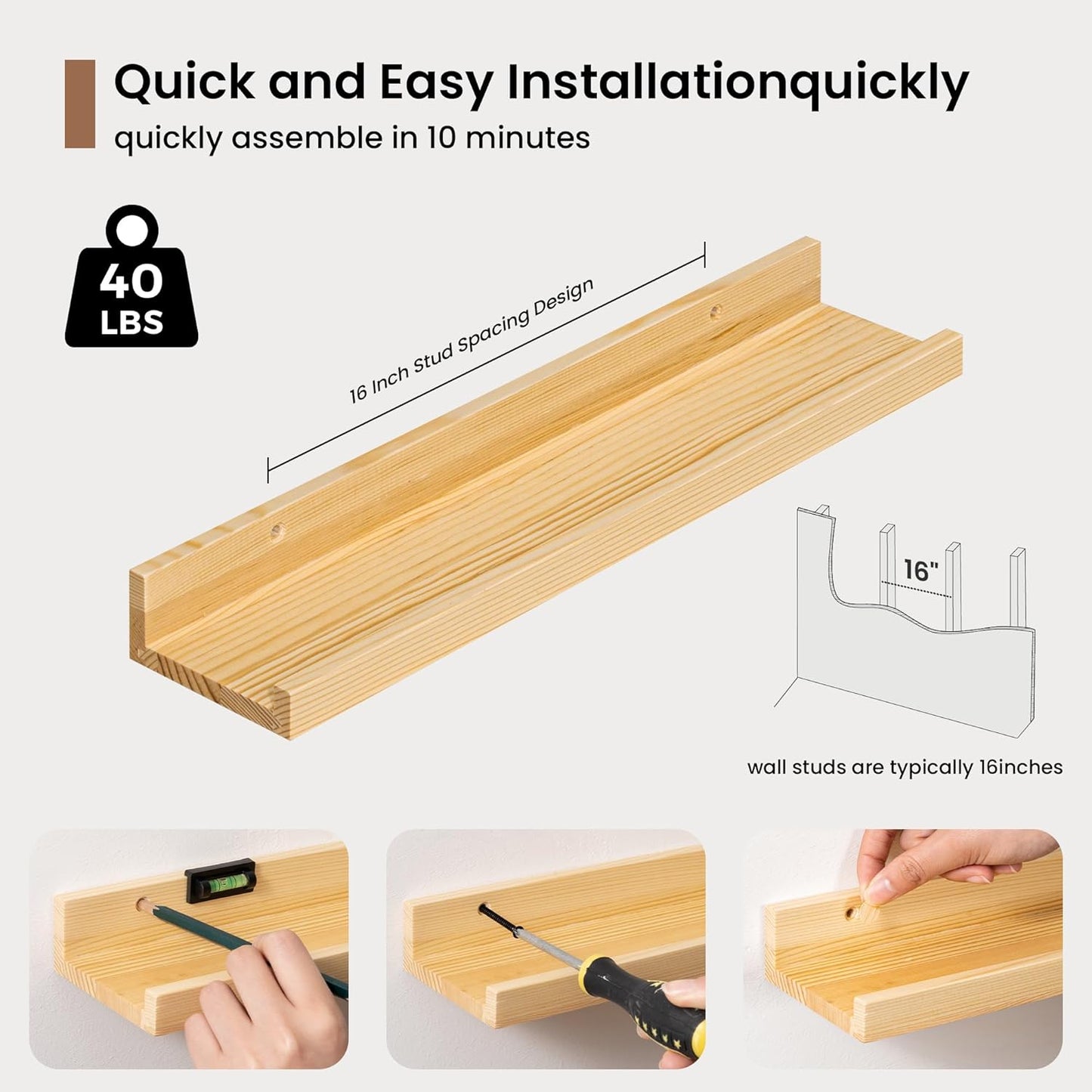 Picture Ledge Shelf, Solid Pine Wood Floating Shelves Set of 4, 16 Inches Nursery Book Shelves for Toys Storage, Kids Bookshelf Wall Mounted for Living Room Decor Photo Frames, Natural