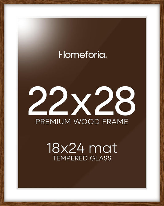 Homeforia 22x28 Poster Frame Walnut, High End Dark Oak 22x28 Large Wooden Picture Frame with Mat 18x24, 22 x 28 Brown Wood Frame Matted to 18 x 24, 28x22 Thin Frame, Tempered Glass, Wall Kit, Set of 1