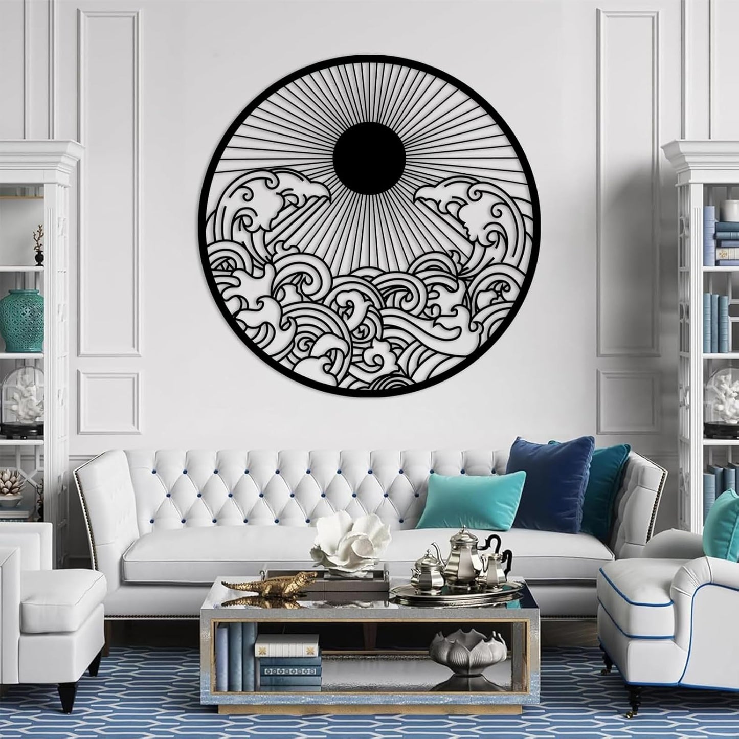 Metal Sun Wall Decor Outdoor, Sunrise Metal Wall Art, Metal Wave Wall Art, Sunrise and Wave Wall Decor, Sunburst Wall Art, Sunset Wall Art, Wall Hangings for Bedroom (Silver, 39x39in|100x100cm)