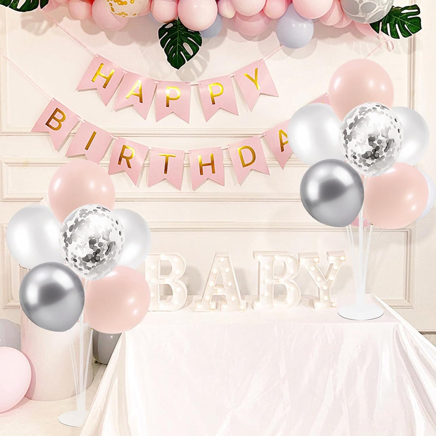 Pink and Silver Balloon Stand Centerpiece Table Decorations for Baby Shower Wedding Engagement Bridal Shower Anniversary Mother's Day Birthday Party Decorations(Pink silver set4)