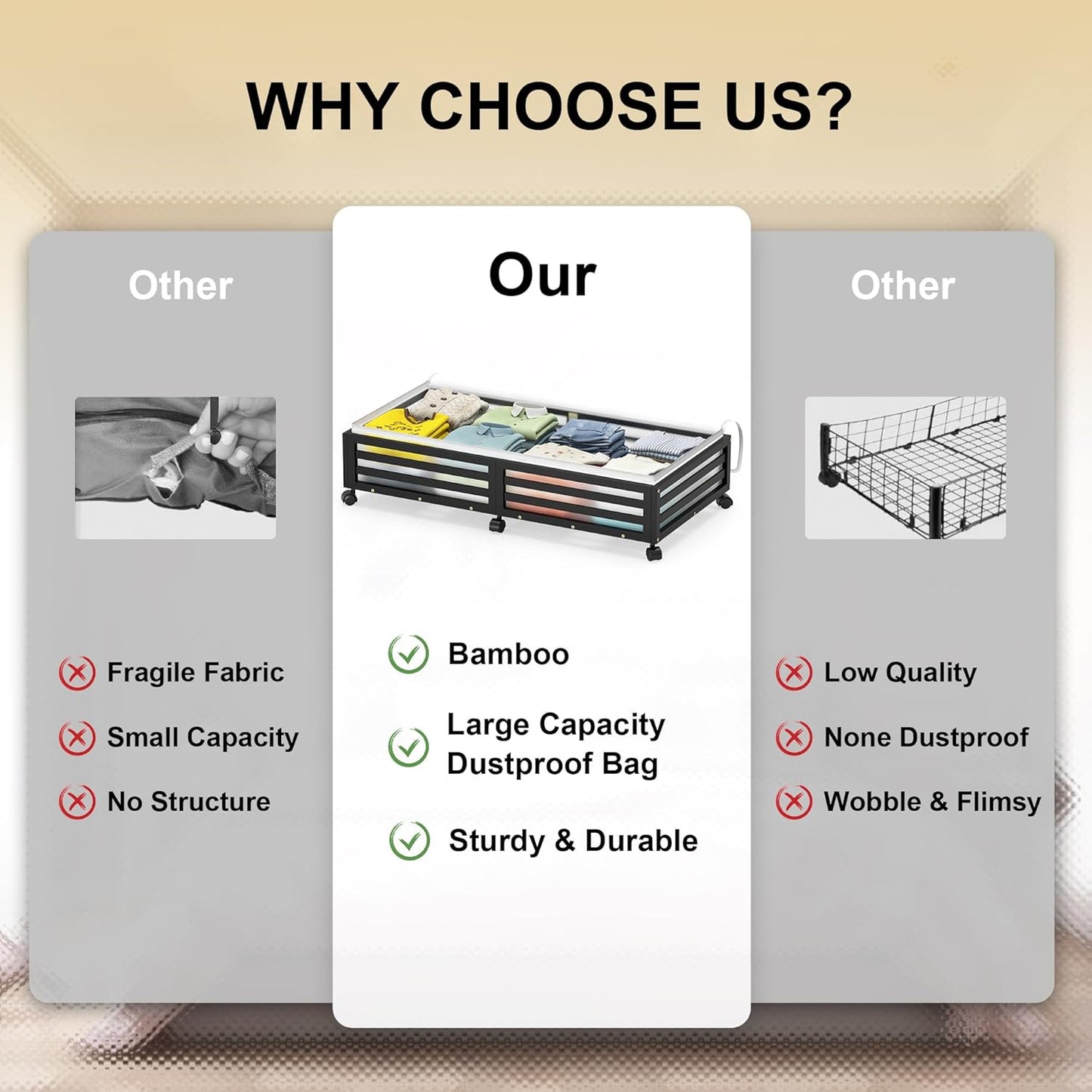 Under Bed Storage with Wheels-Large Bamboo Underbed storage Containers with Large Dust Bag Stackable Under the Bed Shoe Storage Bins for Clothes Books Bedding (2 Packs Black, 33.07"L×16.54"W× 6.5"H)