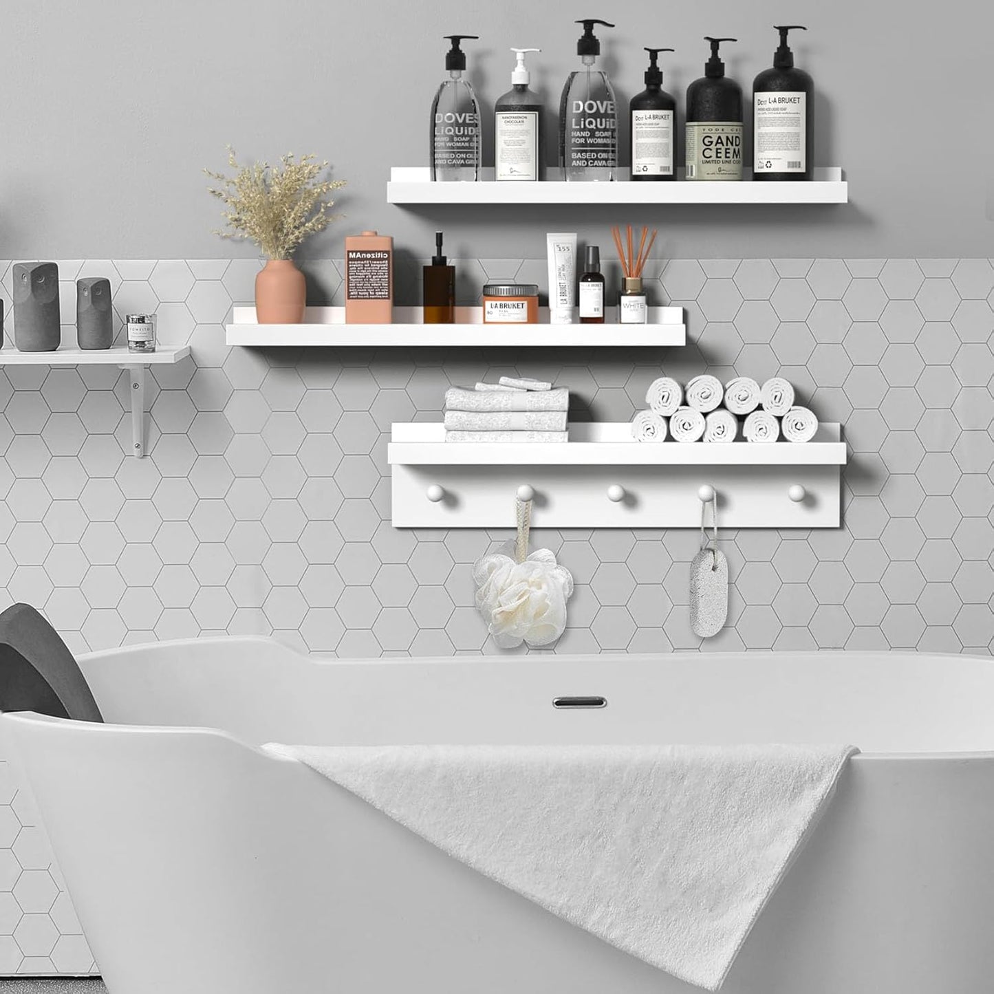 MBYD Picture Shelf Ledge, 24 Inch Floating Shelves for Wall, Nursery Book Shelves with Hooks Set of 3, Floating Shelf Wall Mounted for Bathroom,Kids Room, Living Room, Kitchen Bedroom White