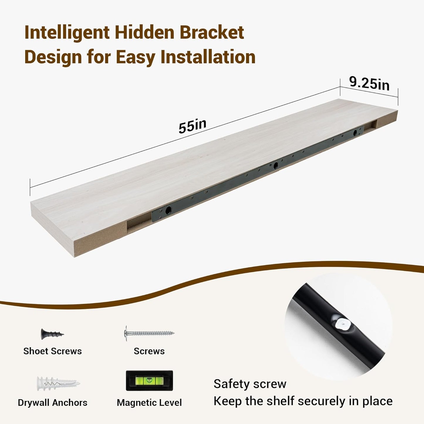 55 Inch Floating Shelves, 55"x9.25"x1.5" Inch Deep Floating Shelves for Wall, Wooden Shelves for Bathroom, Bedroom, Living Room, Cream White Oak