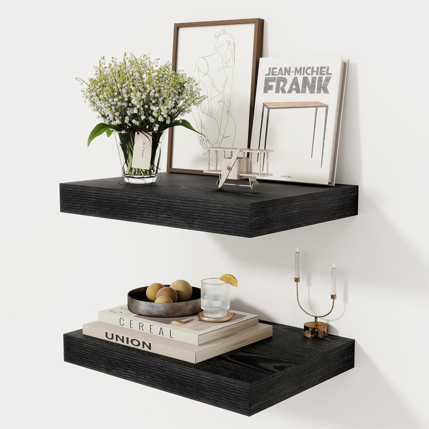 12 Inch Deep Black Floating Shelves, 16 x 12 Floating Shelf for Books, Rustic Wood Deep Wall Shelves for Home Storage & Display, 2" Thicked Shelves for Kitchen, Living Room, Bedroom, 2 Pack