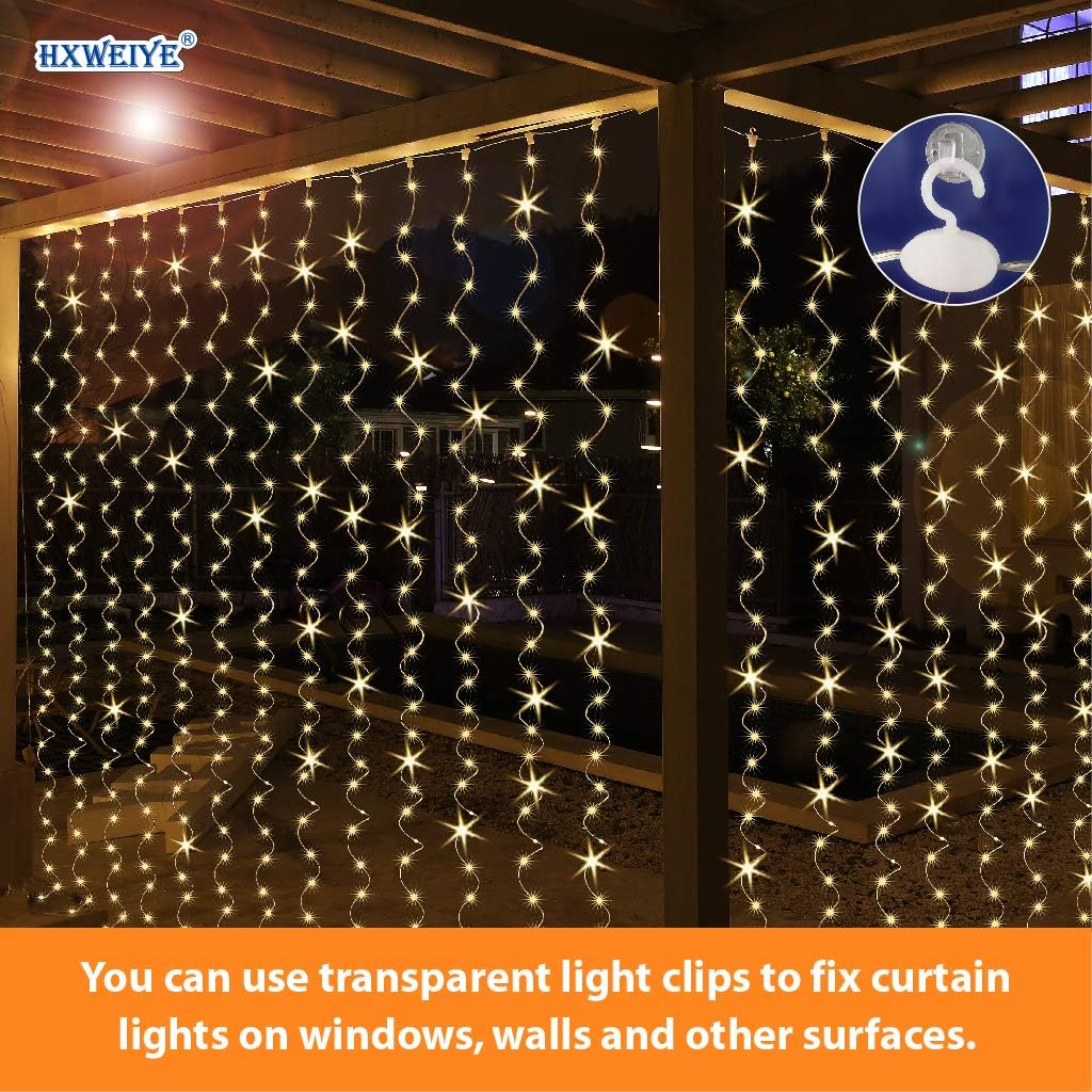 HXWEIYE 2 Pack Warm White 300LED Curtain Fairy Lights, 9.8x9.8Ft Led String Light with Rotating Clips & 12 Hooks, Timer & 8 Modes USB Plug-in DIY Decorative Light for Bedroom Indoor Outdoor Wedding