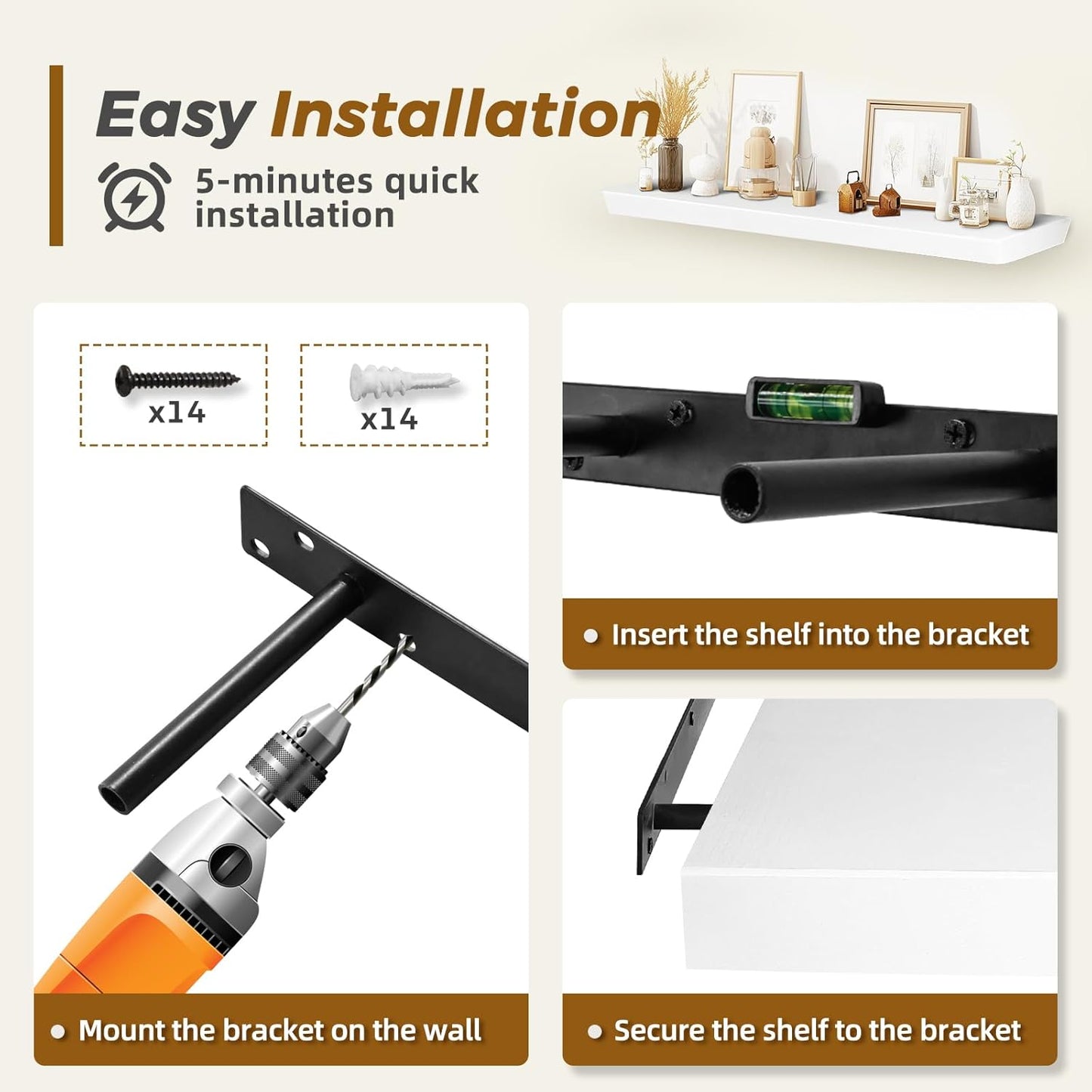 36"x6.8"x1.6" Slanted Floating Wall Shelves 2-Pack - Rustic White Finish, Heavy-Duty Solid Wood Design with Hidden Brackets - Perfect for Living Room, Kitchen, Bathroom, or Office