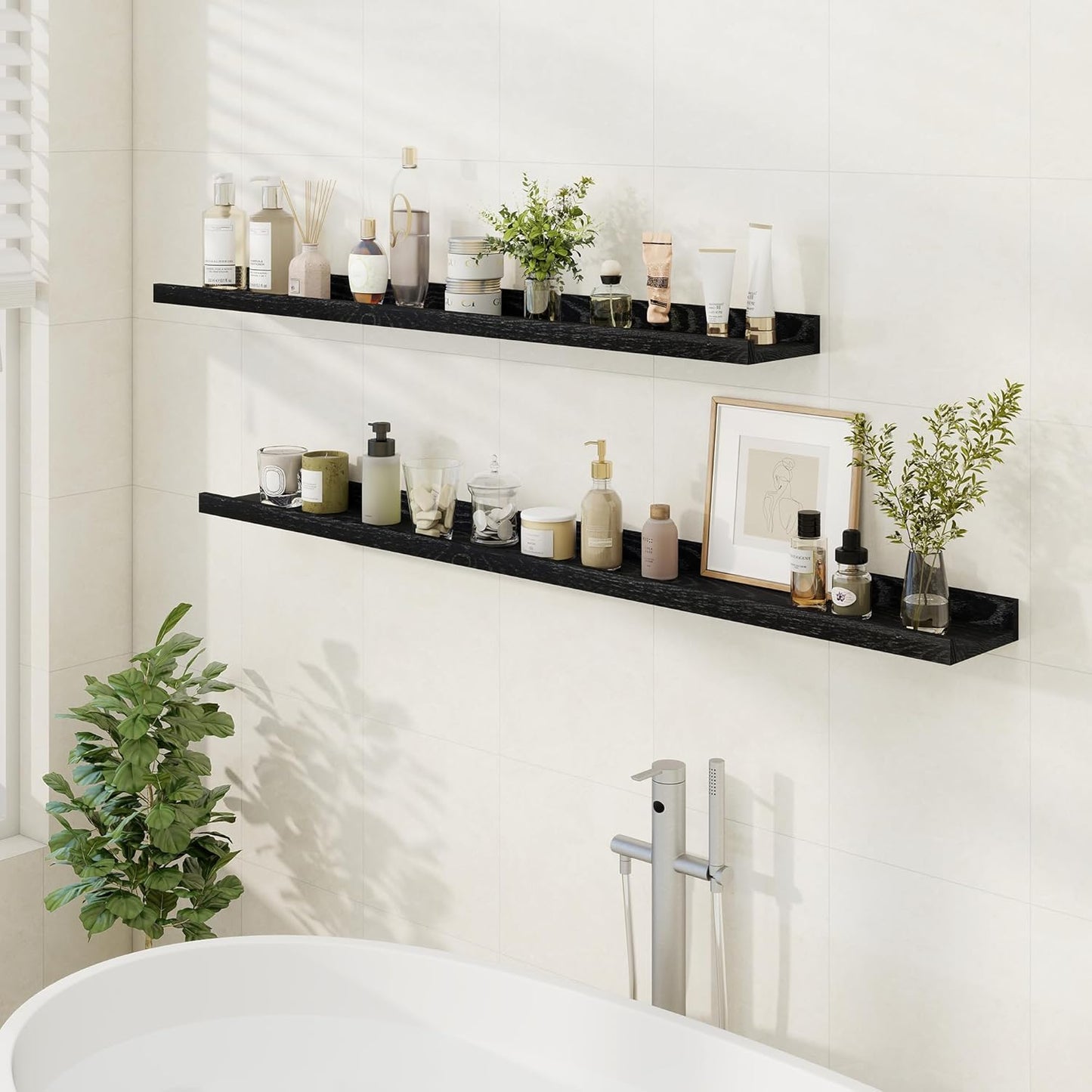 Floating Picture Ledge Shelves 55 Inch Solid Oak Wood Set of 2, Rustic Wall Storage Shelves with Lip, Kids Bookshelf, Photo & Picture Ledge Shelves for Bedroom, Living Room, Kitchen