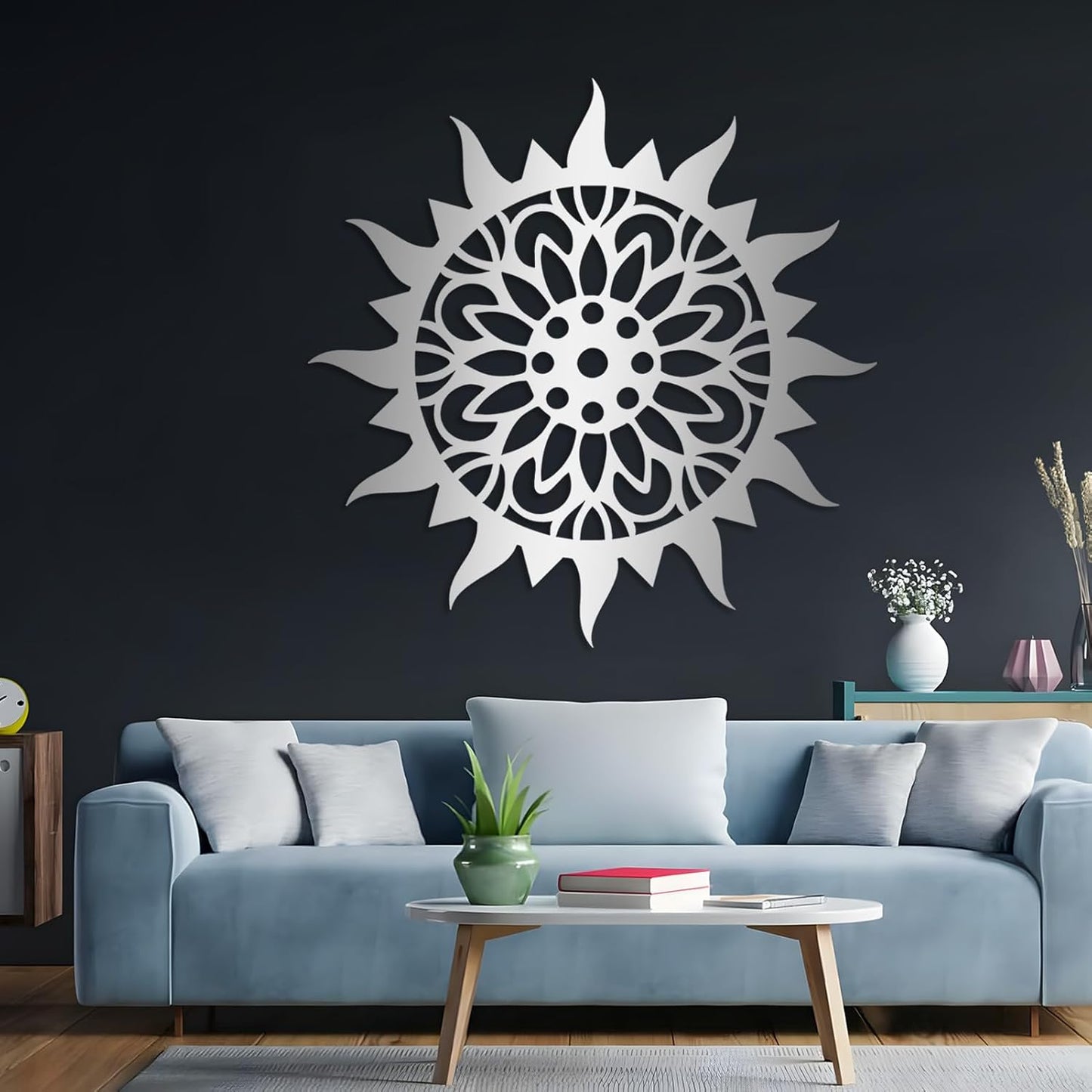 Sunburst Metal Wall Decor, Metal Sun Wall Decor, Metal Sun Flower Wall Art, Outdoor Metal Sun Wall Art, Sun Burst Wall Decor, Home Decor, Patio Decor, Wall Art for Living Room, Bedroom (Silver, 35"x35"|90x90cm)