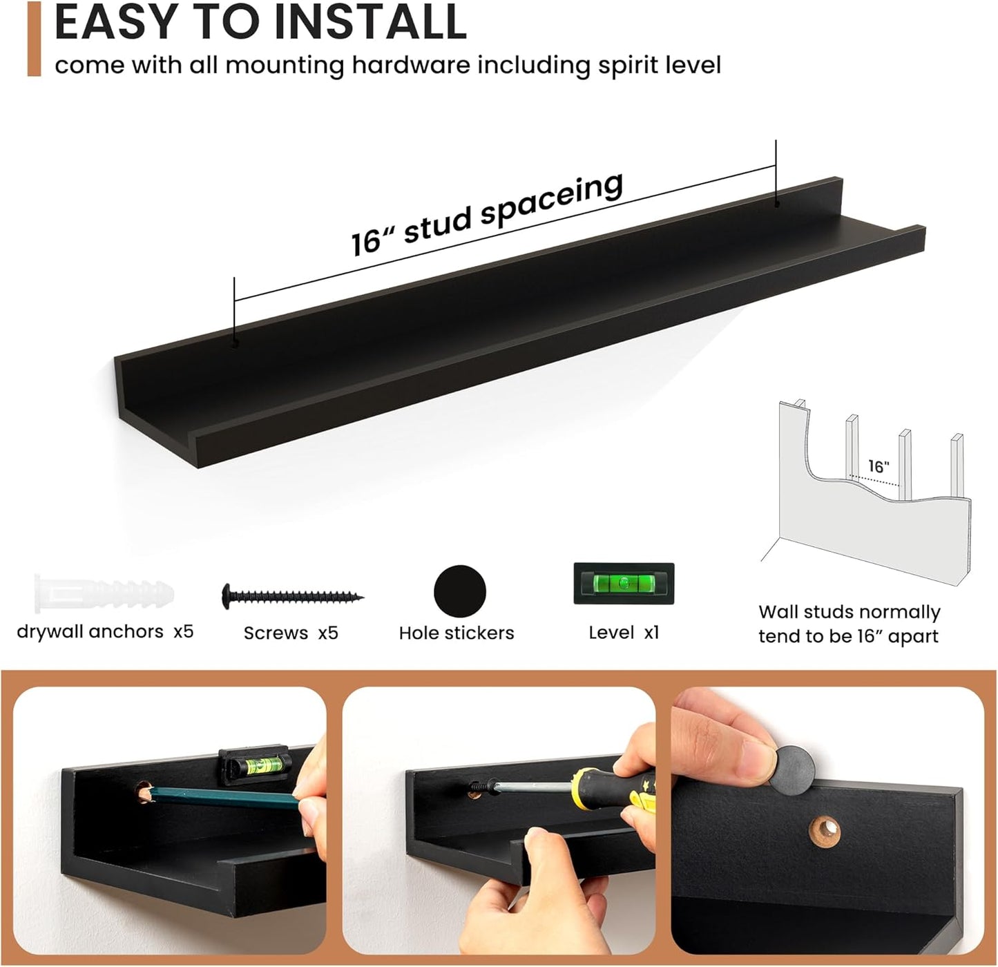 Fun Memories Picture Ledge Shelves Set of 2, 32 Inch Rustic Wall Mounted Floating Shelves with Lip for Home Storage and Décor in Bathroom, Kitchen, Nursery, Bedroom, Living Room, Black