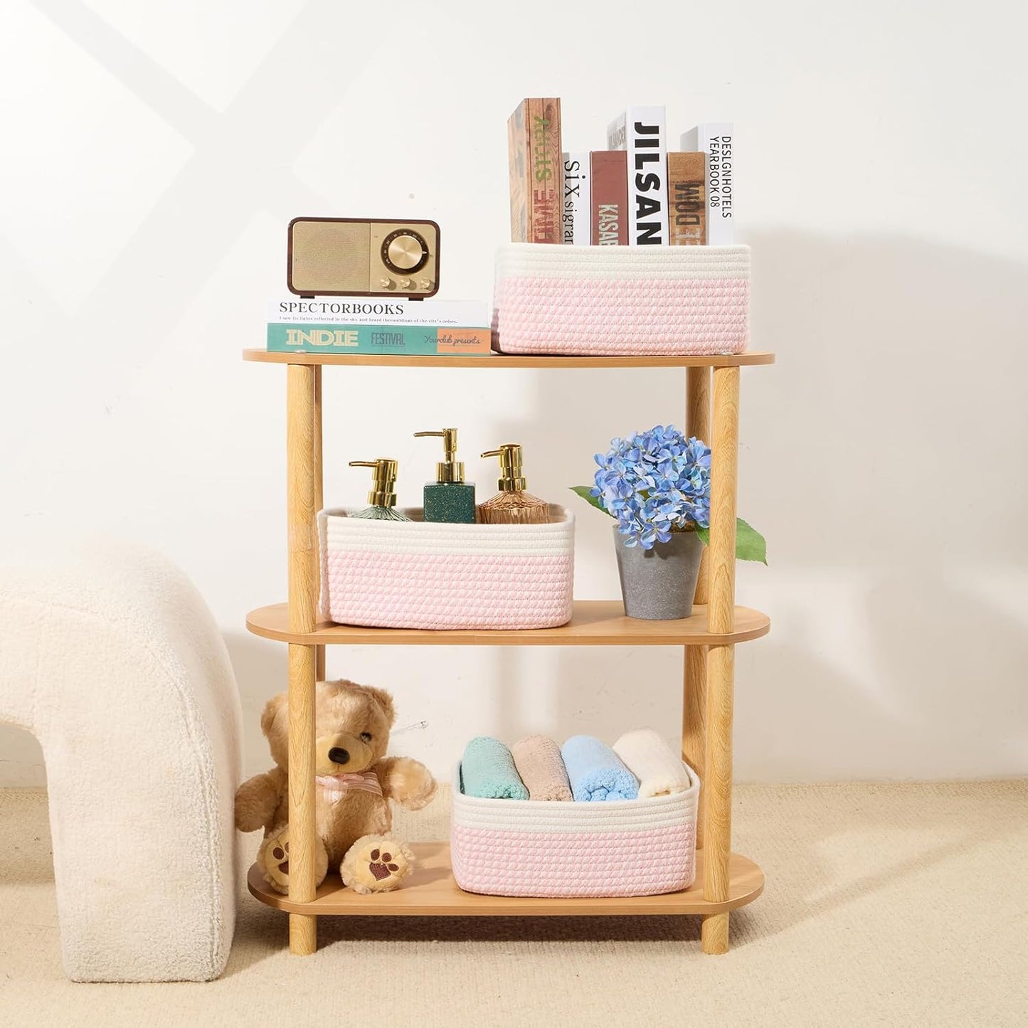 Small Storage Baskets for Organizing | Closet Organizer Bins | Shelf Toy Basket | Woven Rope Baskets | Cube Decorative Box | Shallow Basket | 11.5x7.5x4.7” | 3 Packs White Pink