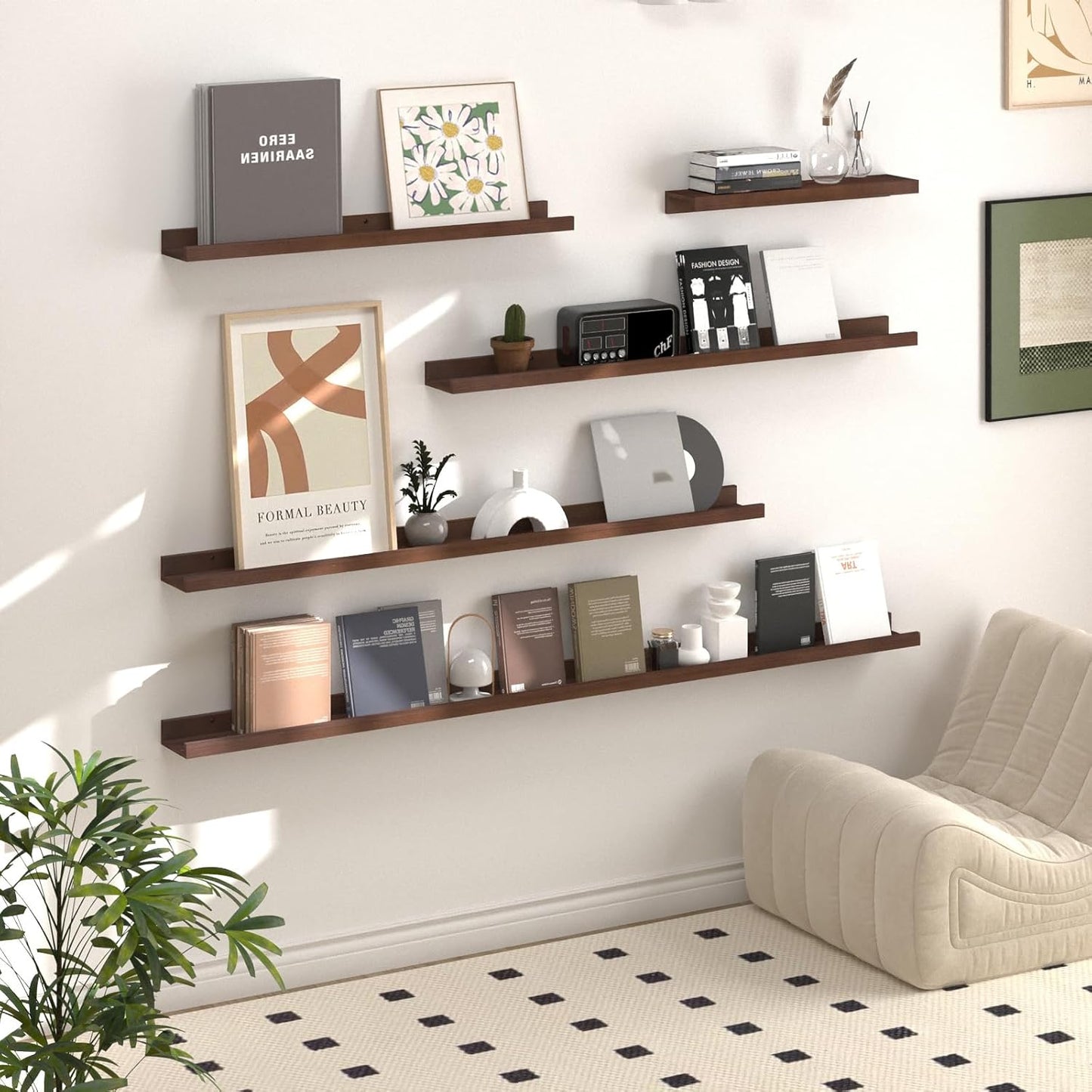 SAUMONIERES Picture Ledge Shelf Floating Book Shelves Set of 2 Wall Mounted Solid Wood for Bedroom Bathroom Living Room Kitchen, 24 Inch Walnut