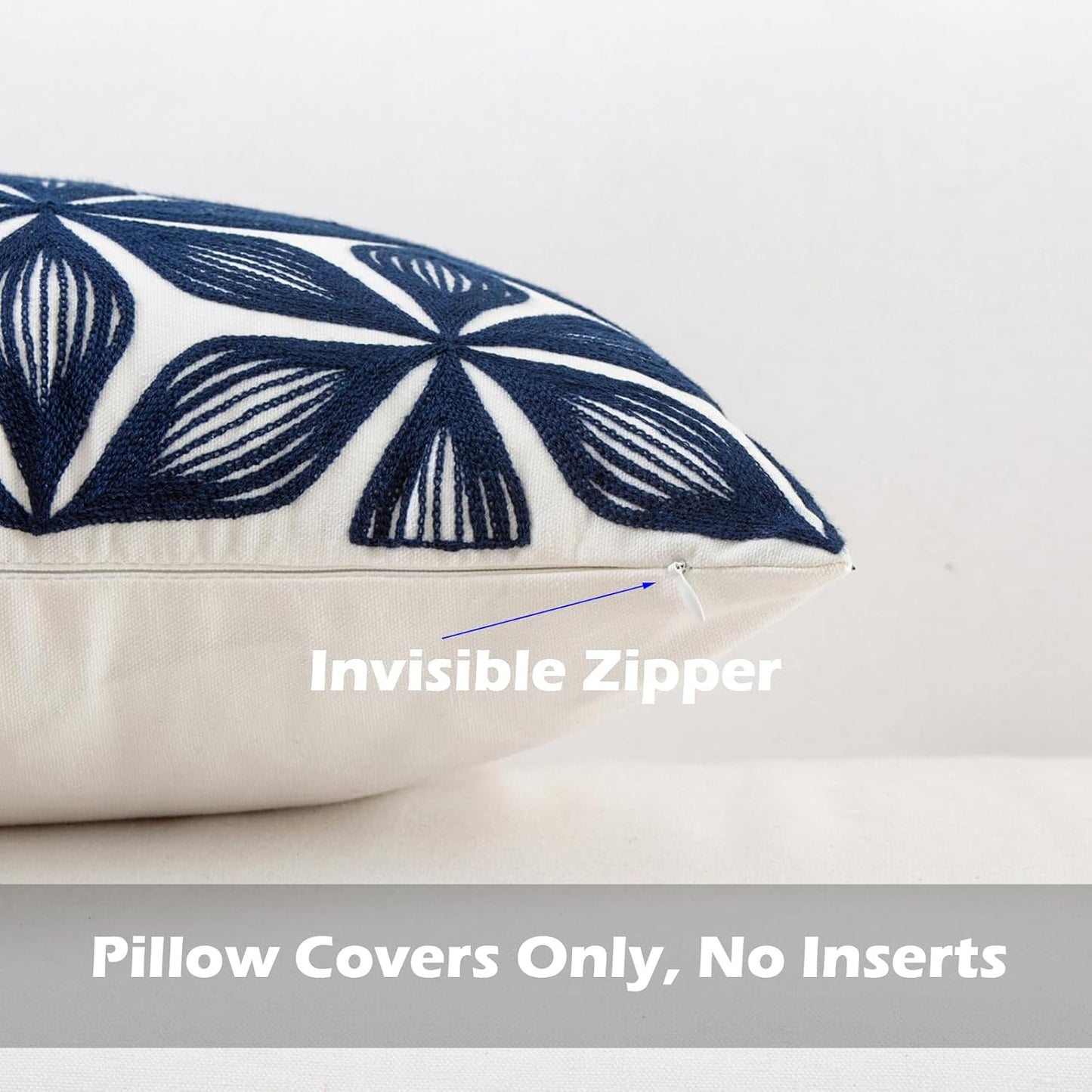 HWY 50 Navy Blue Decorative Throw Pillow Covers 18x18 Inch (1 Piece), Embroidered Cotton Farmhouse Cushion Cover Pillow Case for Sofa Couch Living Room Bed, Fashion Geometric