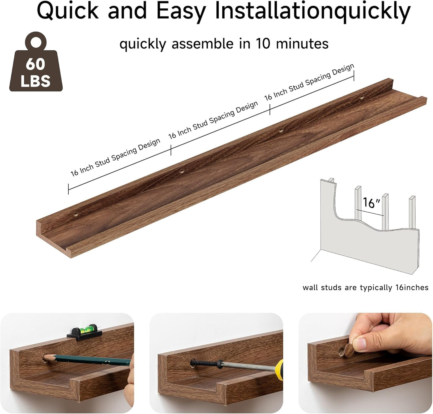 Floating Picture Ledge Shelves for Wall Set of 2, 55 Inches Picture Shelf with Ledge, Nursery Book Shelf for Toys Storage Kids Bookshelf Wall Mounted Living Room Bedroom Decor Frames, Walnut