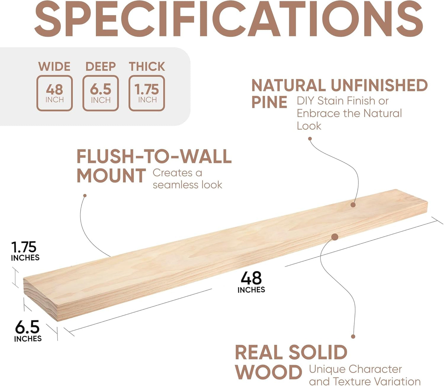 Homeforia Wood 48 inch Floating Shelf, High End Solid Natural Wood 48inch Floating Shelves for Wall Mounted, Unfinished Wooden Large Floating Shelves, Heavy Duty Bracket, 48 X 6.5 X 1.75 in, Set of 2