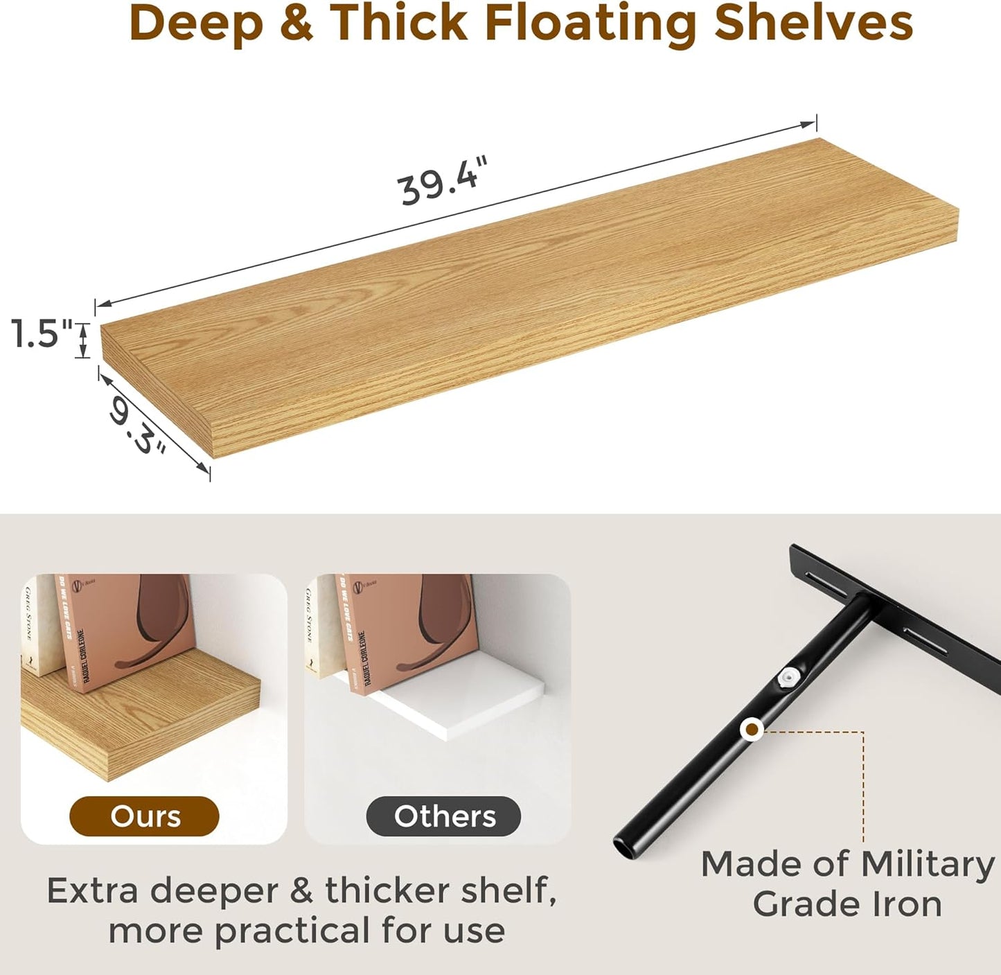 40 Inch Floating Shelvese, 40" W x 9" D Floating Shelf Set of 2, Farmhouse Wood Wall Shelves for Bedroom, Kitchen, Wall Mounted Deep Shelving for Home Decor, Oak Color
