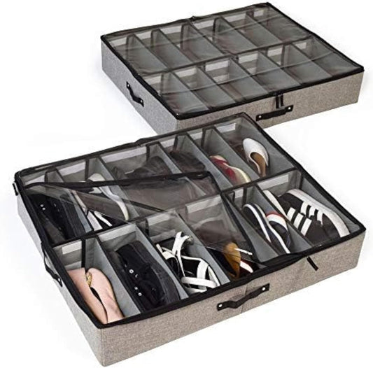 storageLAB Slim Under Bed Storage Containers, Closet Organizers with Sturdy Handles for Clothes, Comforters, and Accessories, Use Under or at the End of the Bed - 2 Pack, Adjustable Dividers, Grey