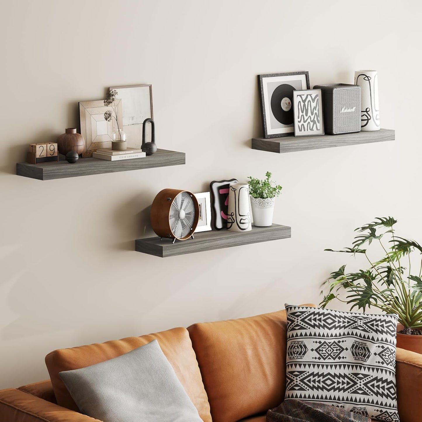 BAMEOS Floating Shelf,Wall Shelf,Decor Wall Mounted Shelves,Hanging Shelf Set of 3,L24xW6 for Bathroom Kitchen Living,Kitchen,Room Bedroom Storage,Walnut